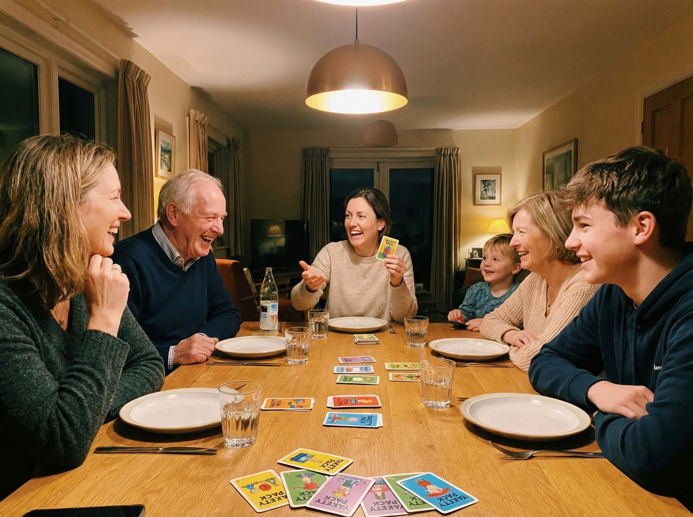 Family at dinner table with Yakety Pack cards visible, everyone laughing at something someone said, warm dining room lighting