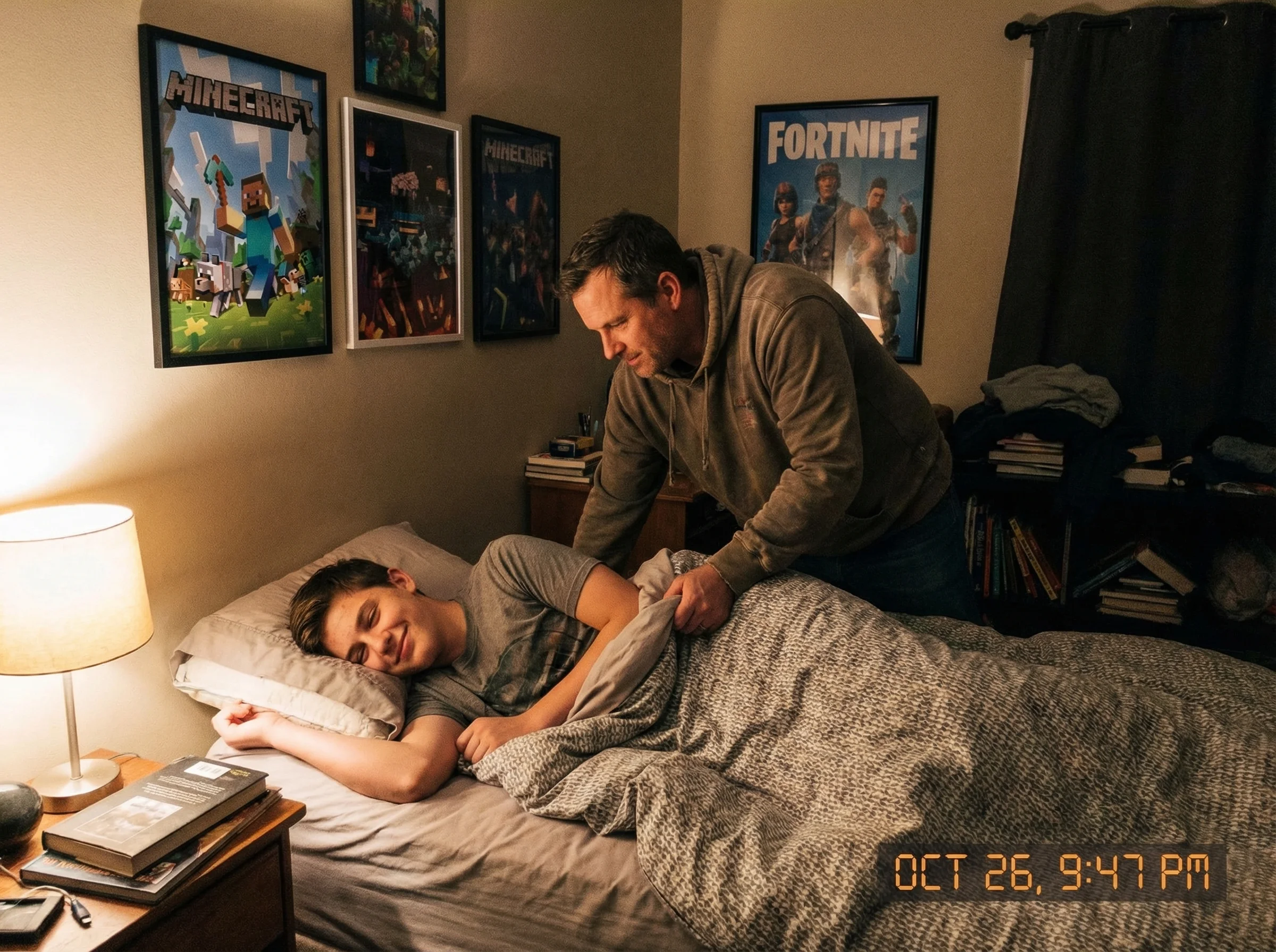 Dad tucking teenager into bed, soft bedside lamp lighting, peaceful bedroom scene with gaming posters visible on walls