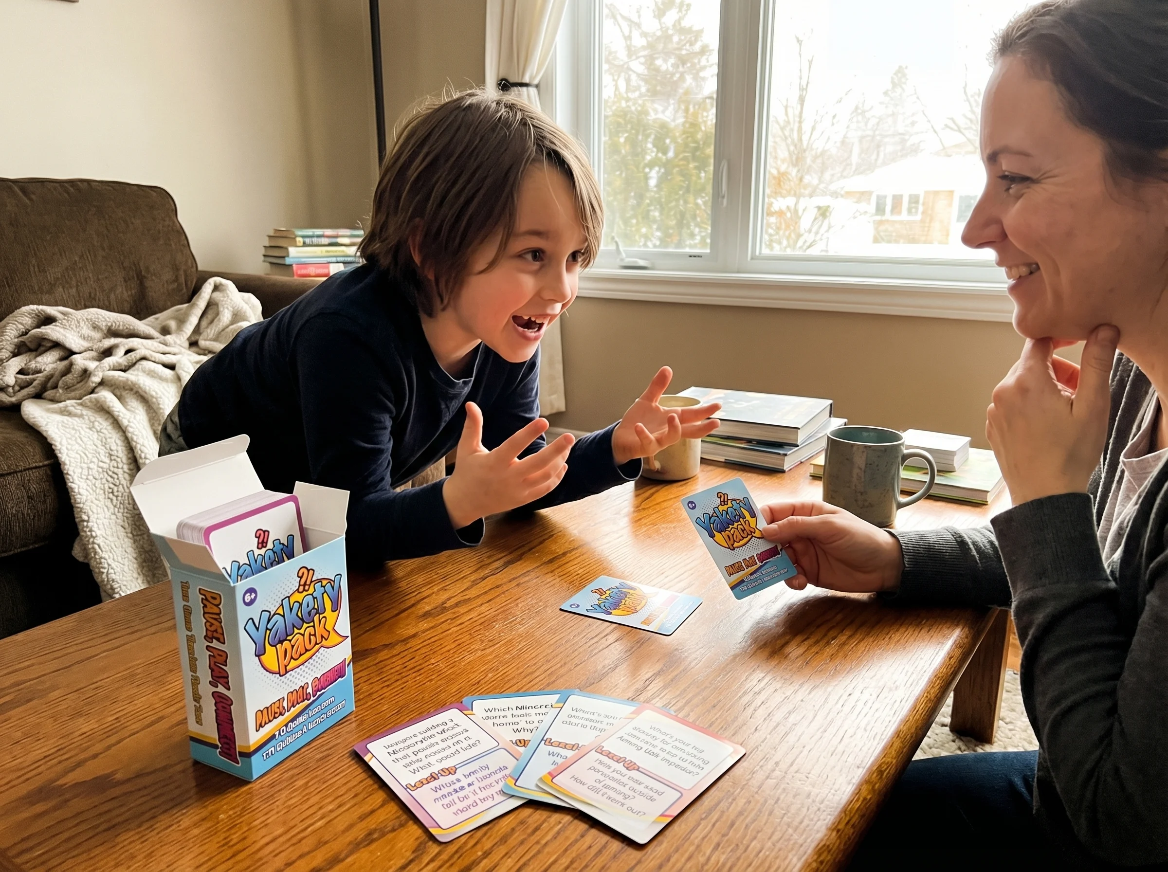 Parent and child playing 20 Questions at a cozy living room coffee table, child's face animated with excitement while guessin