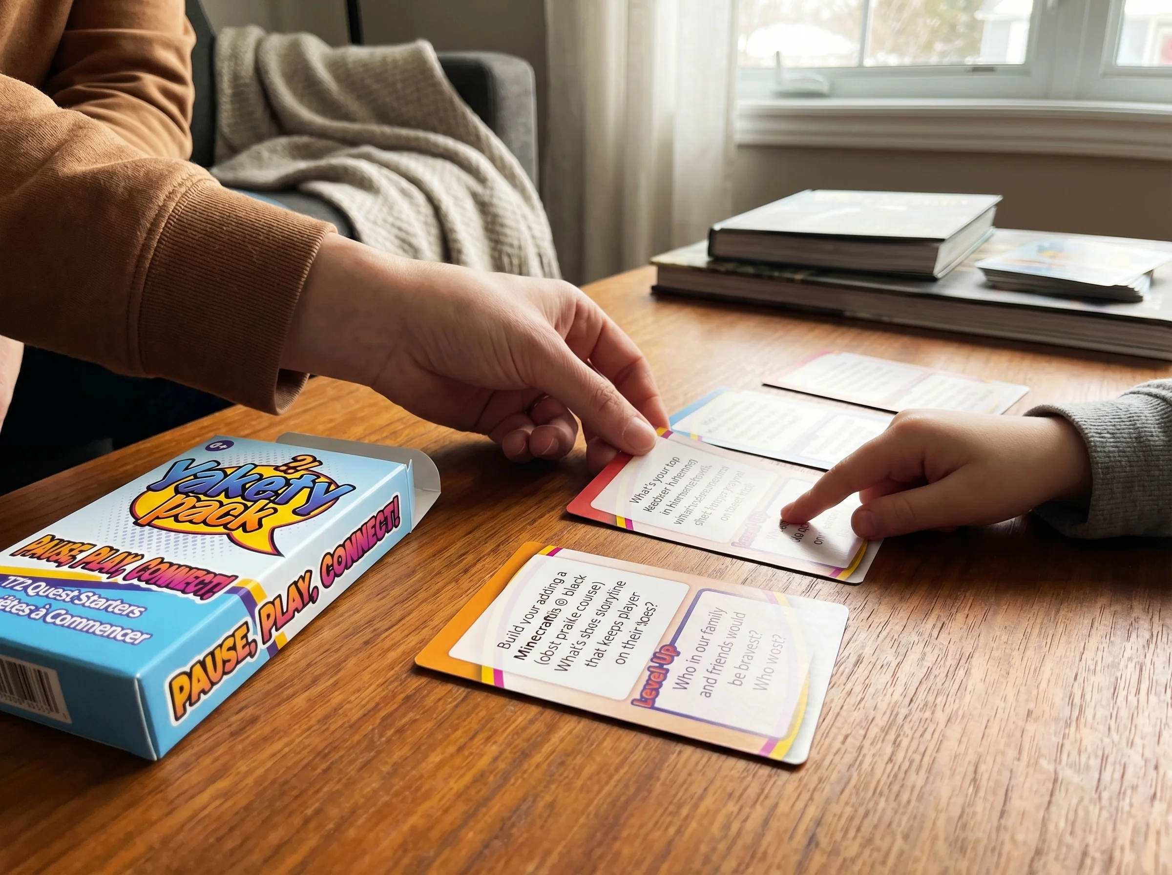 Adult and child's hands working together on a cooperative card game, cards spread between them, focusing on the collaborative