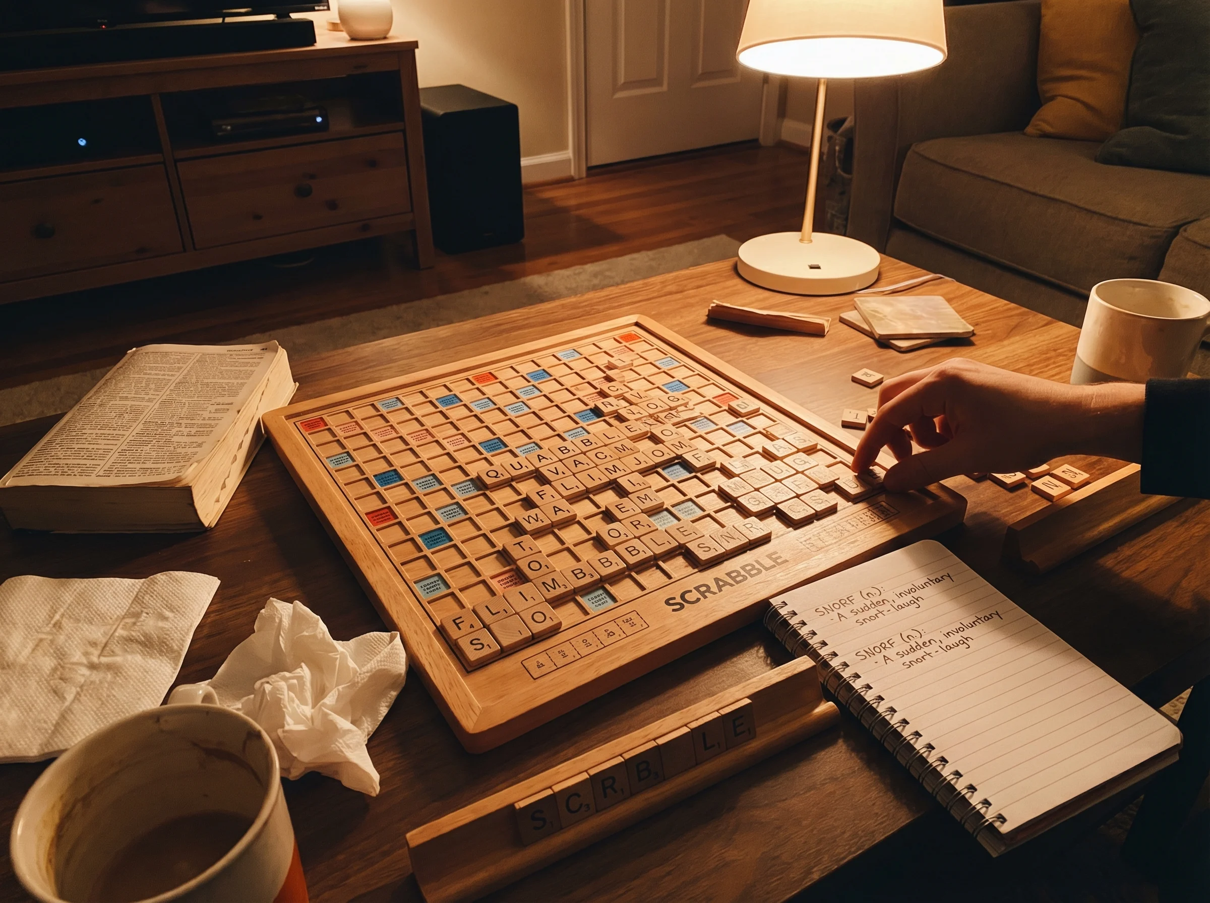 Family Scrabble board with made-up words visible, dictionary and notepad nearby with silly definitions written down, evening