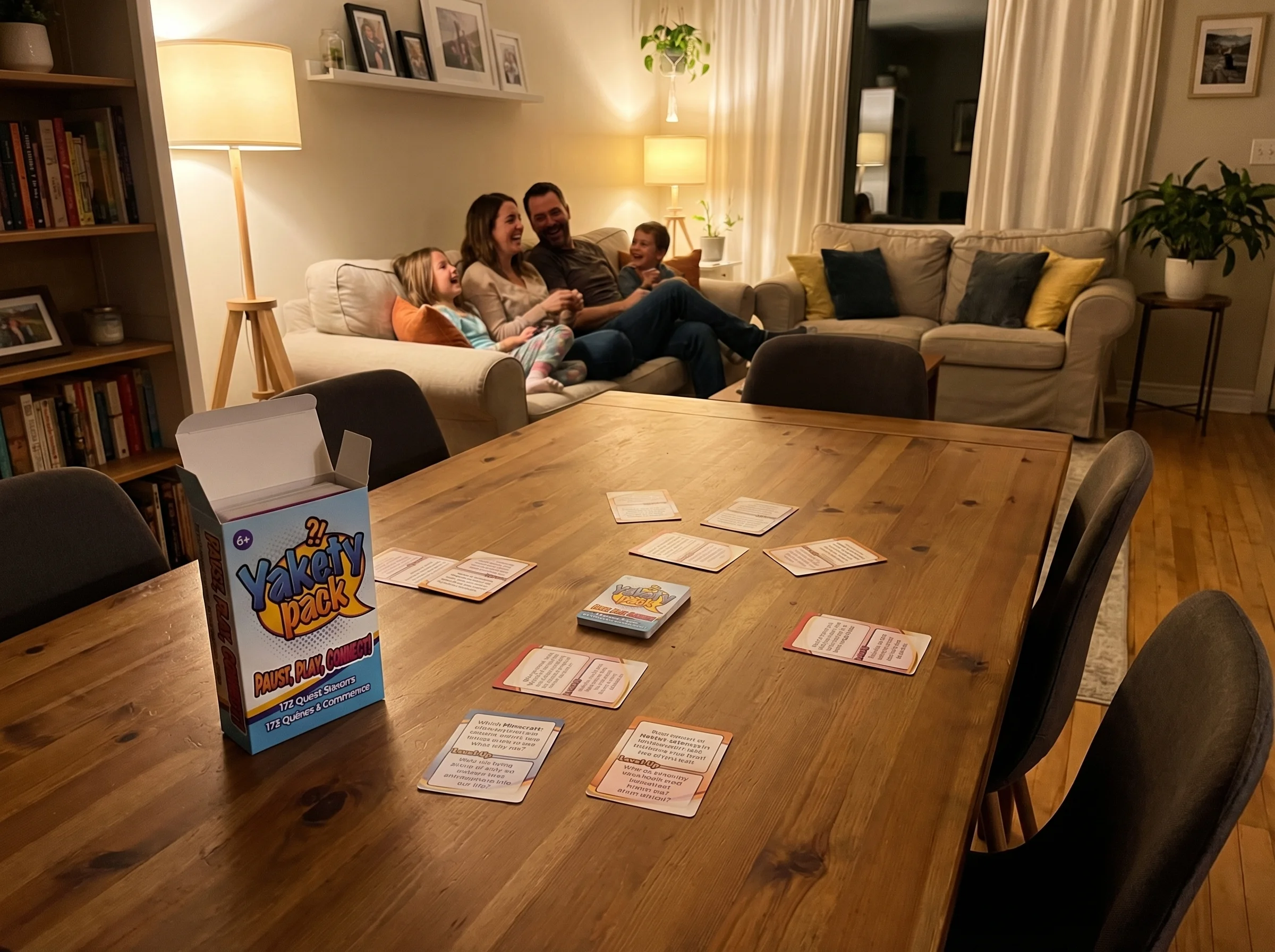 Abandoned board game on table with players' empty chairs, but warm lighting suggests they've moved to the couch for conversat