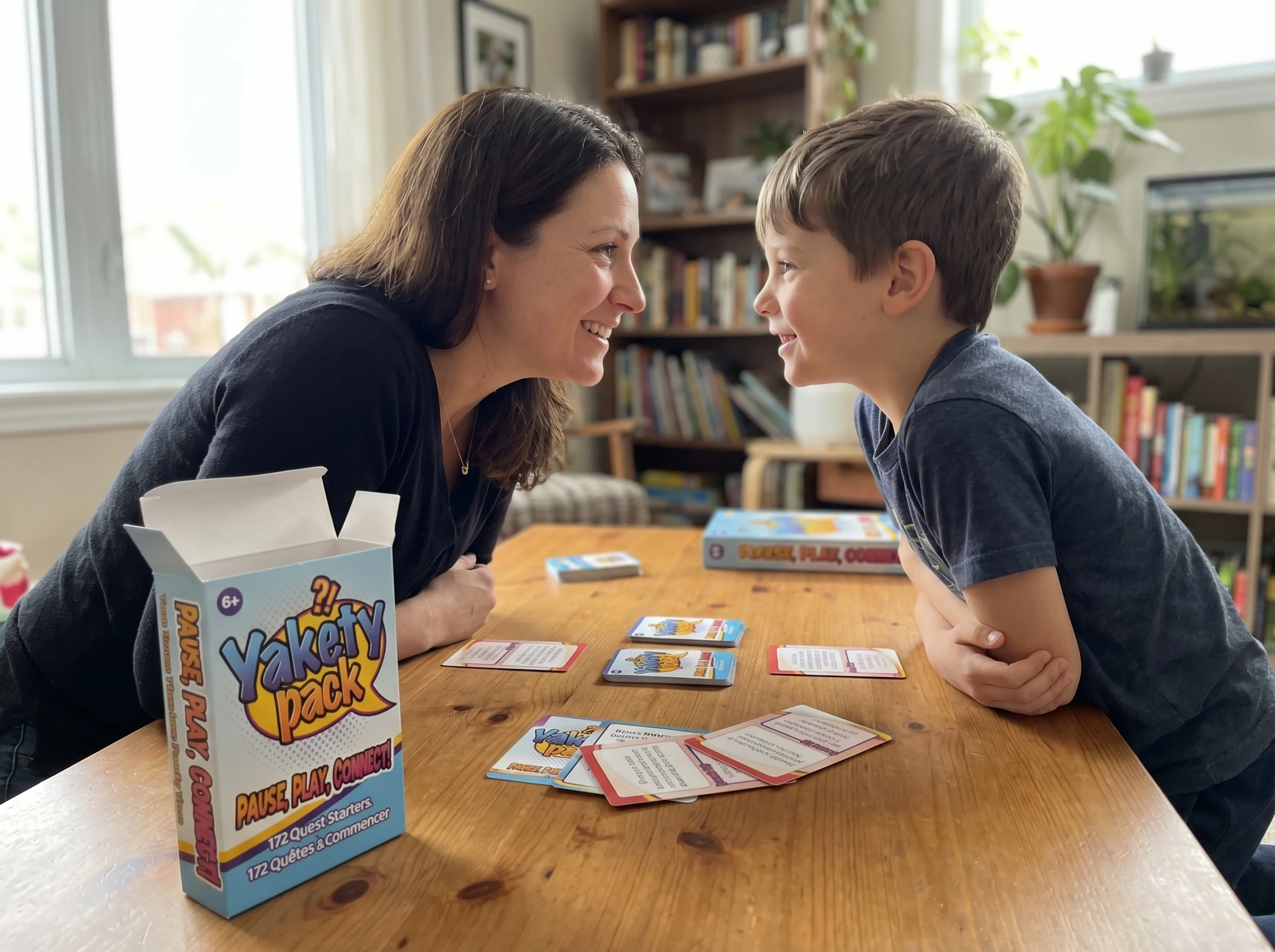 Parent and child mid-conversation at game table, cards forgotten in front of them, both leaning in engaged in discussion, gen
