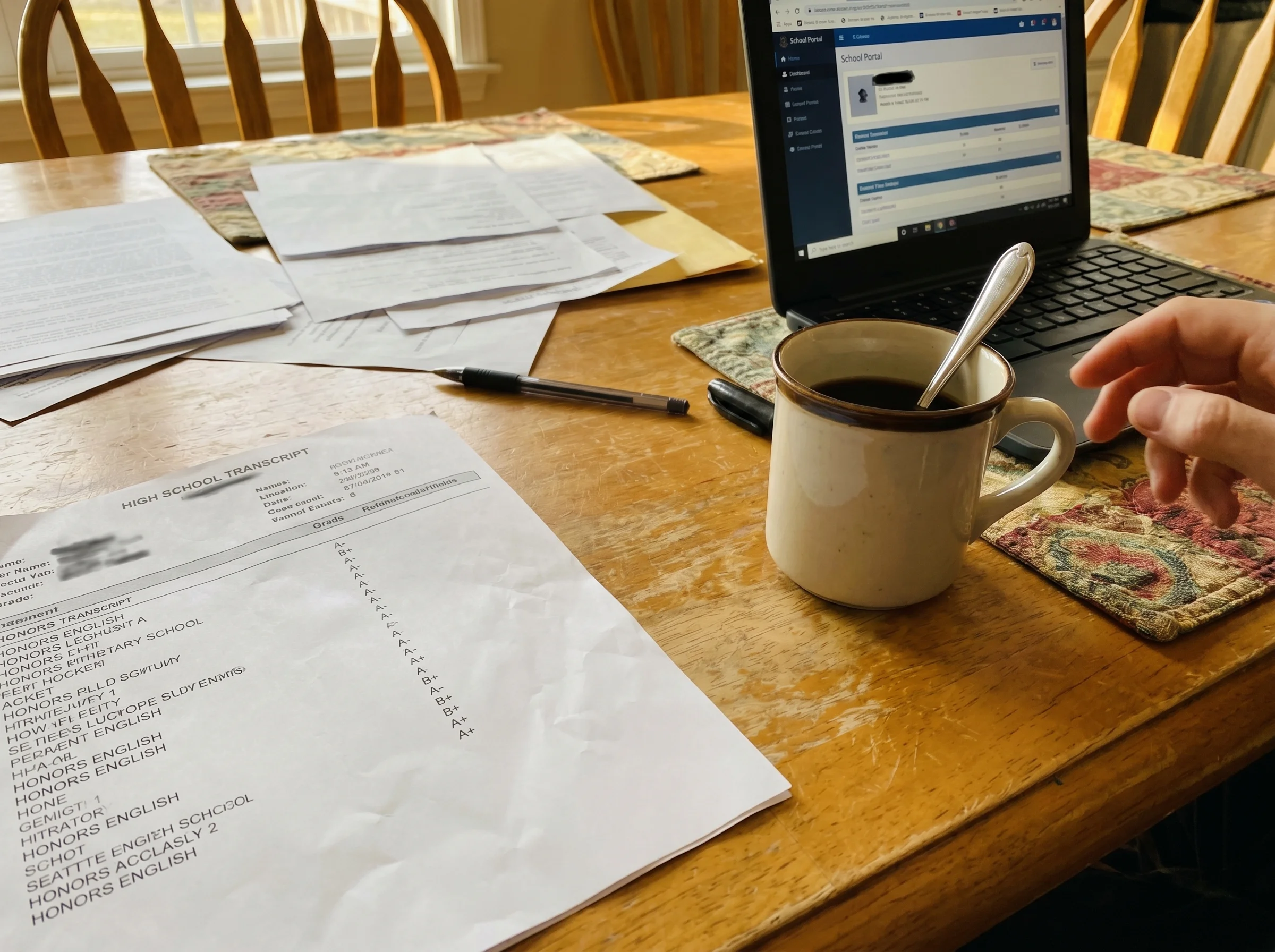 Close-up of a high school transcript on a kitchen table next to a coffee mug and an open laptop, papers slightly scattered, m