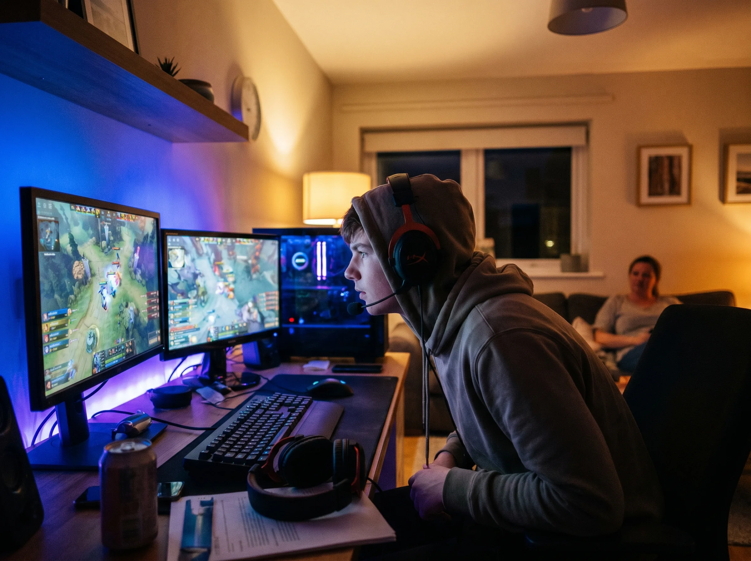 Teenager wearing a headset at a gaming setup, two monitors showing a competitive game, focused expression, blue and purple LE