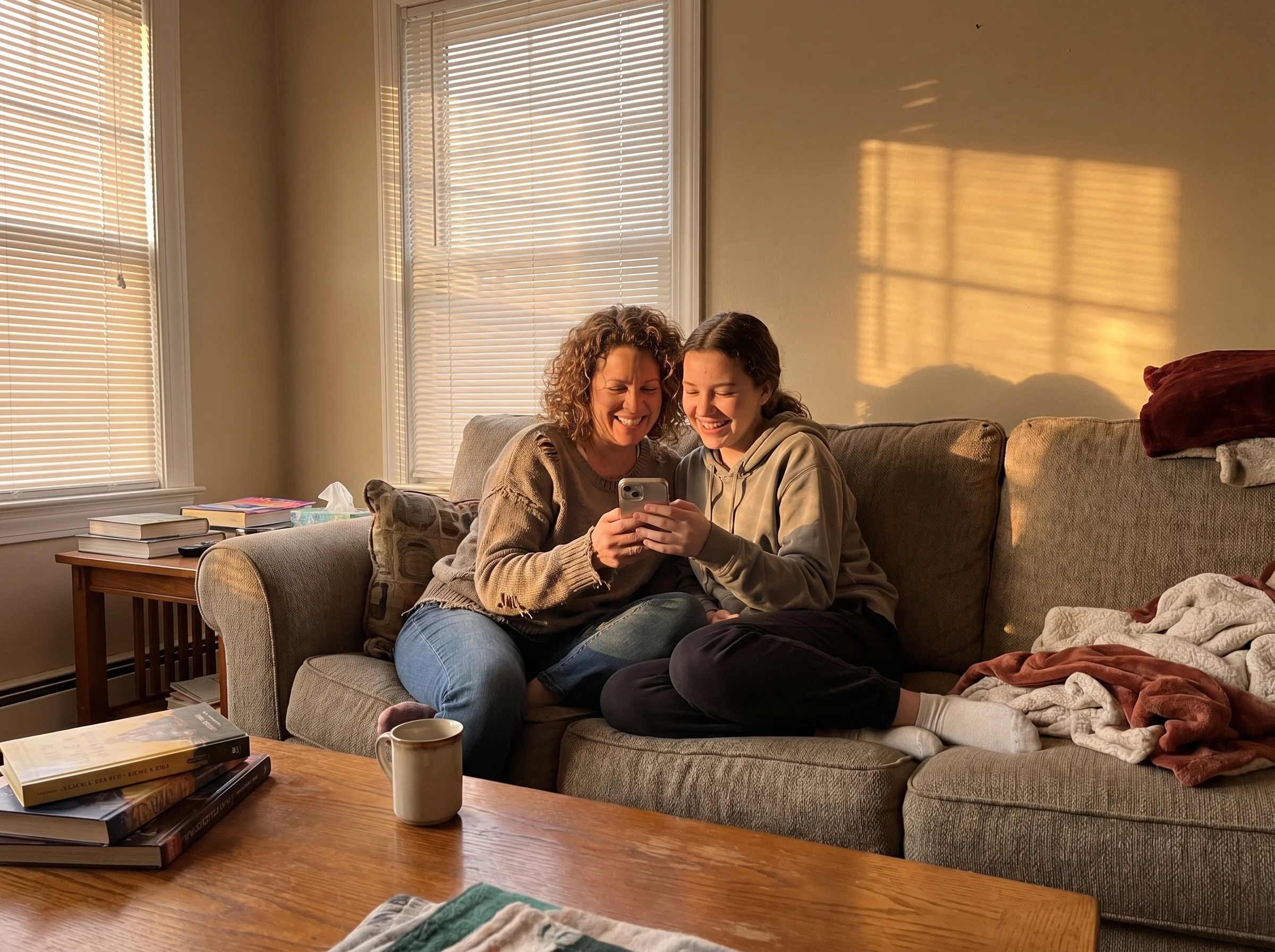 Mom and teenage daughter sitting on a couch looking at a phone together, both smiling, casual living room, late afternoon lig