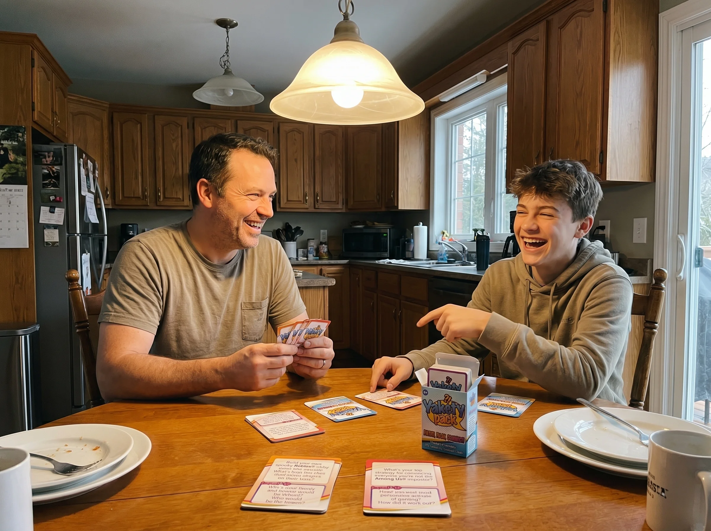 Dad and teenage son sitting at the kitchen table with Yakety Pack conversation cards spread out, both laughing, dishes pushed