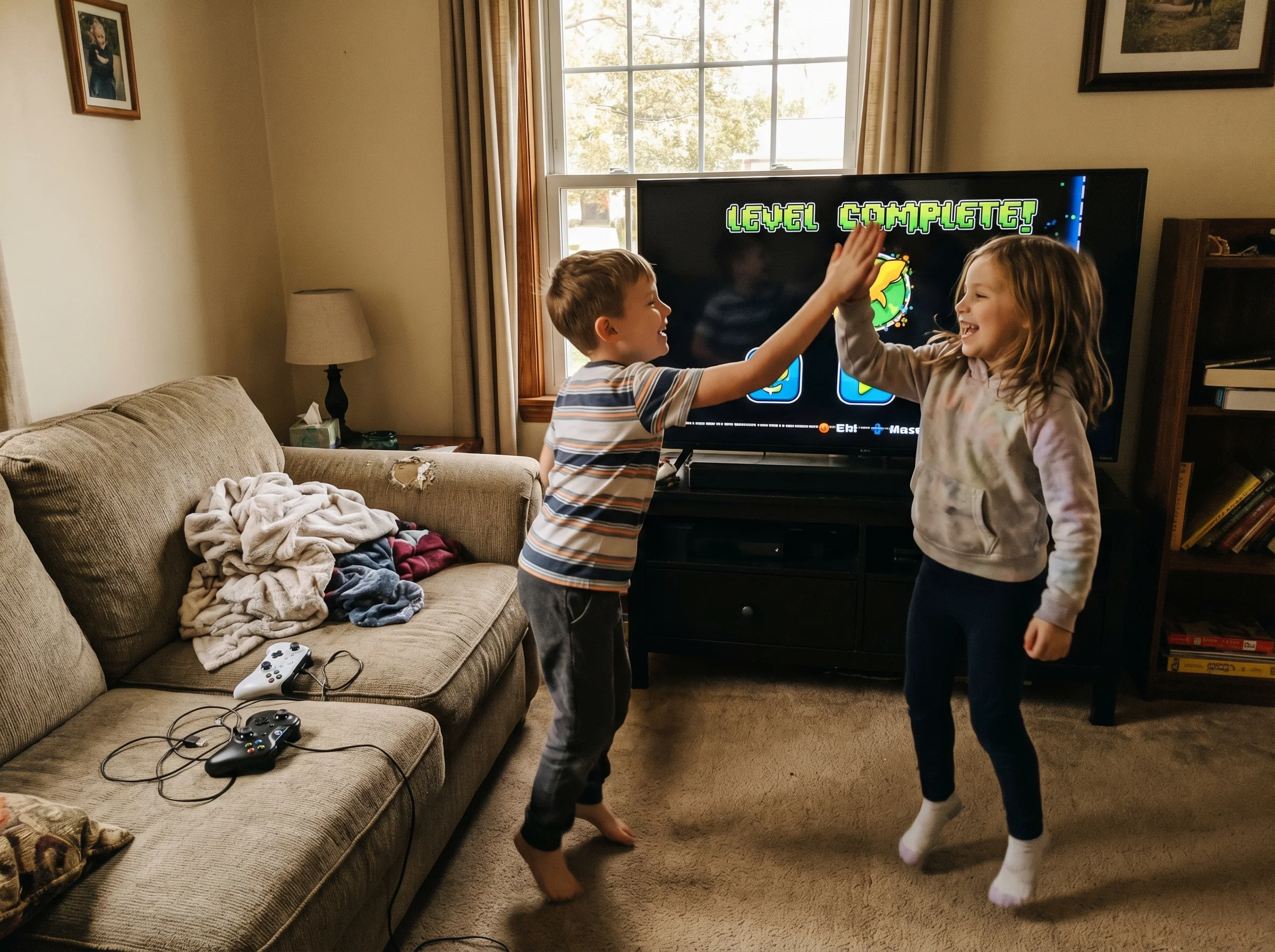 Two children enthusiastically high-fiving in front of a TV after completing a game level, controllers dropped on the couch, g