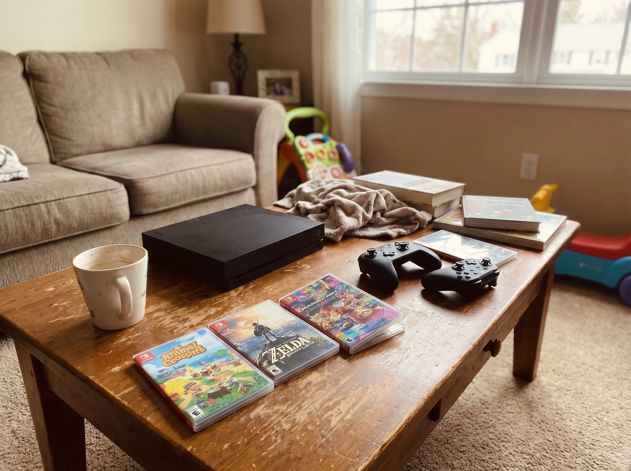 Simple coffee table setup showing a gaming console, two controllers, and a few game cases spread out, casual living room sett