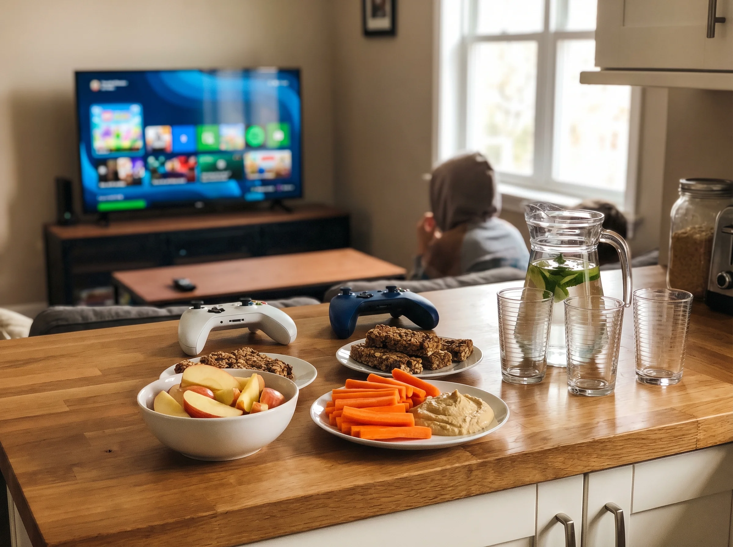 Kitchen counter with healthy snacks and drinks set up for gaming break, game controllers visible in background, casual family