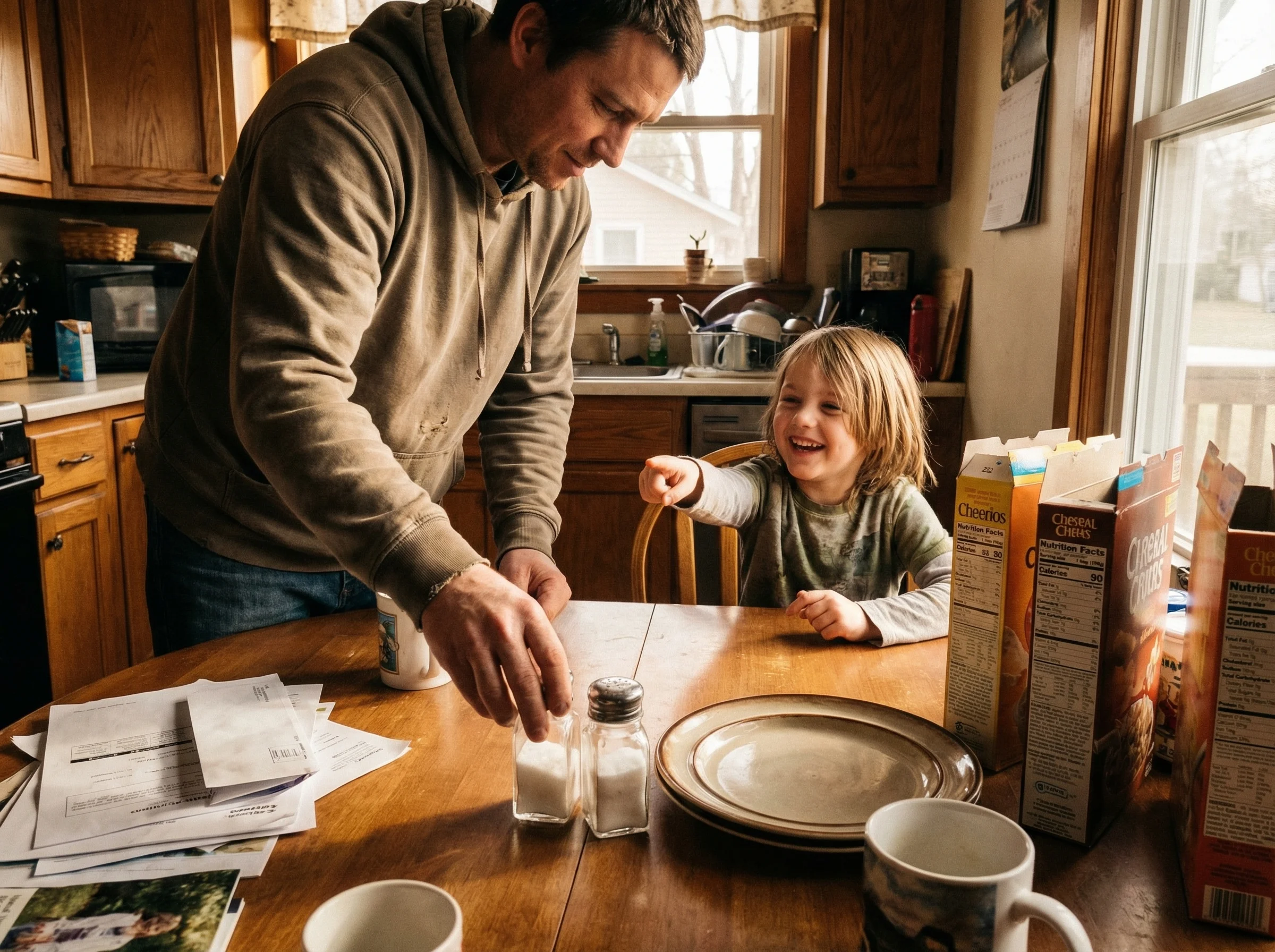 A kitchen table scene with a parent using salt shakers and a plate to demonstrate how the game map shrinks, while their kid w