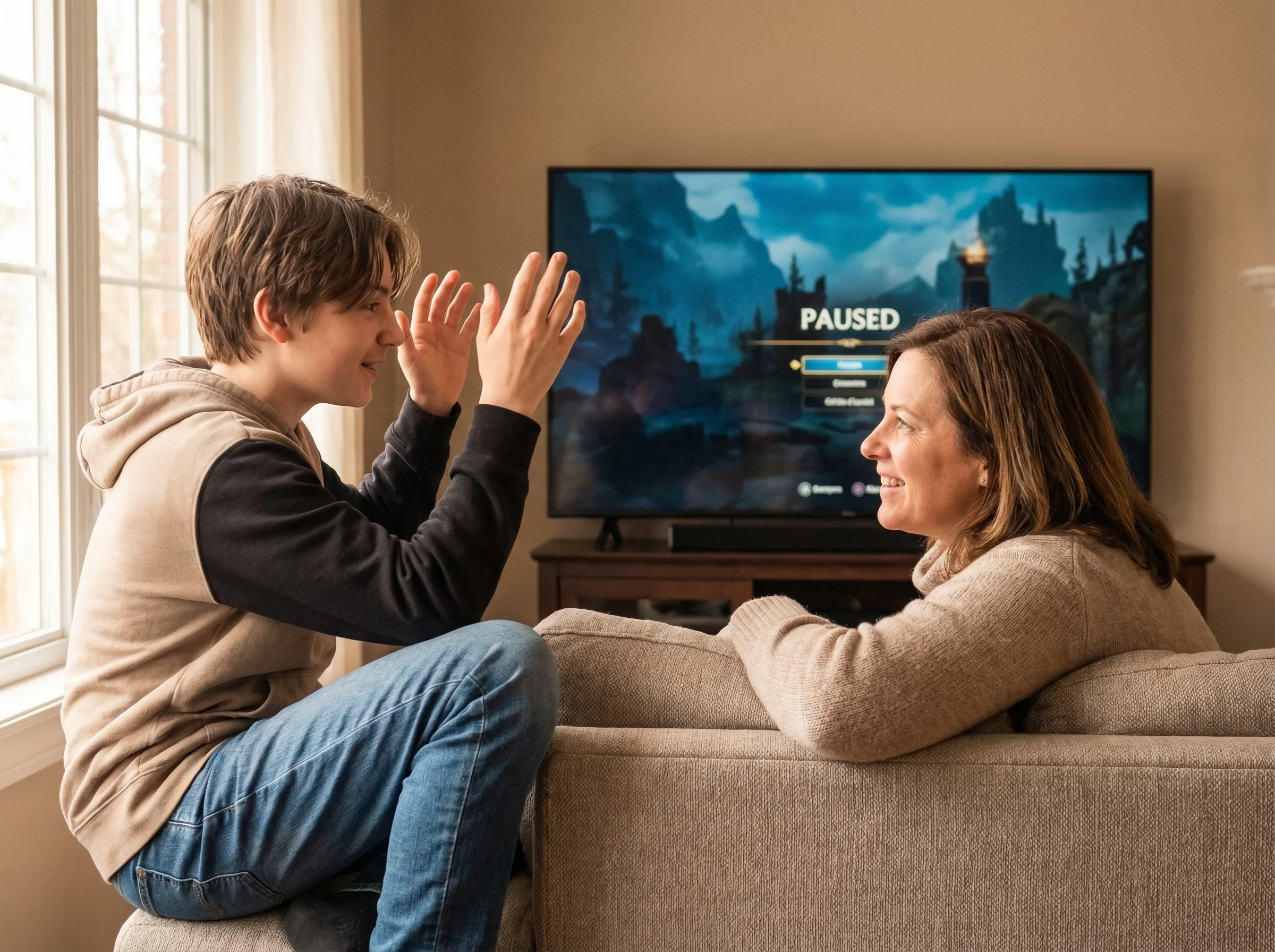 A teenager gesturing animatedly while explaining something to their parent, who's leaning in with genuine interest, game paus