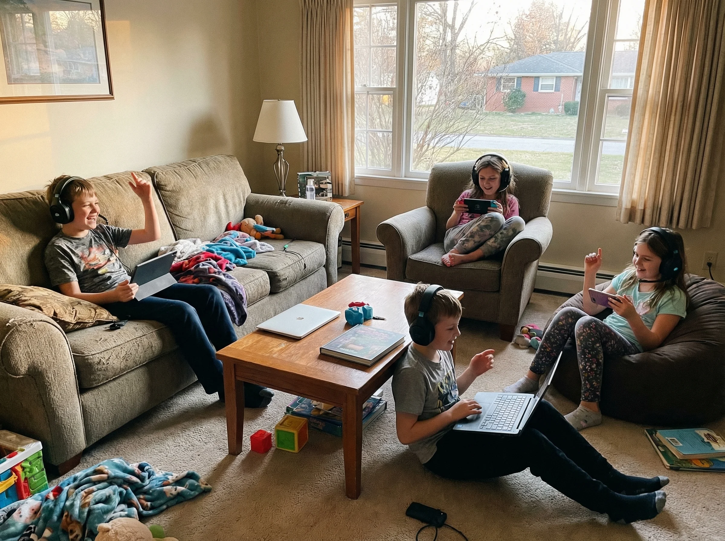 Four kids sitting in different spots around a living room, each with their own device, headsets on, clearly talking and laugh