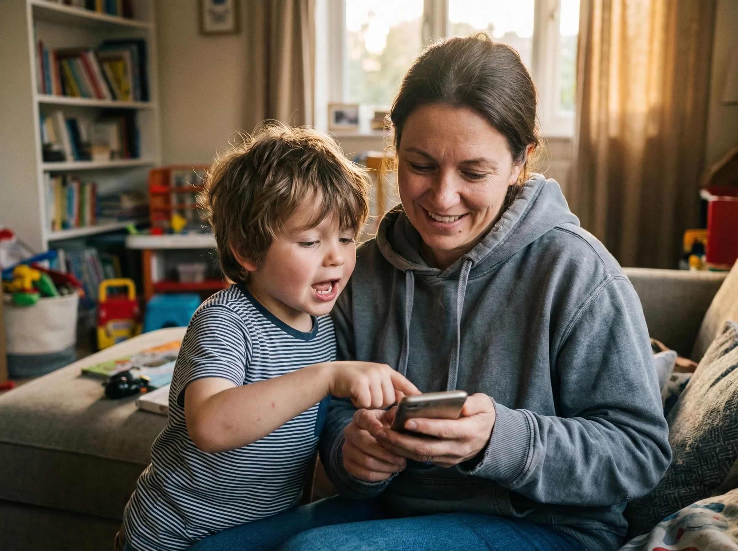 A parent and child looking at a phone together, the child pointing at something on the screen while explaining, both smiling