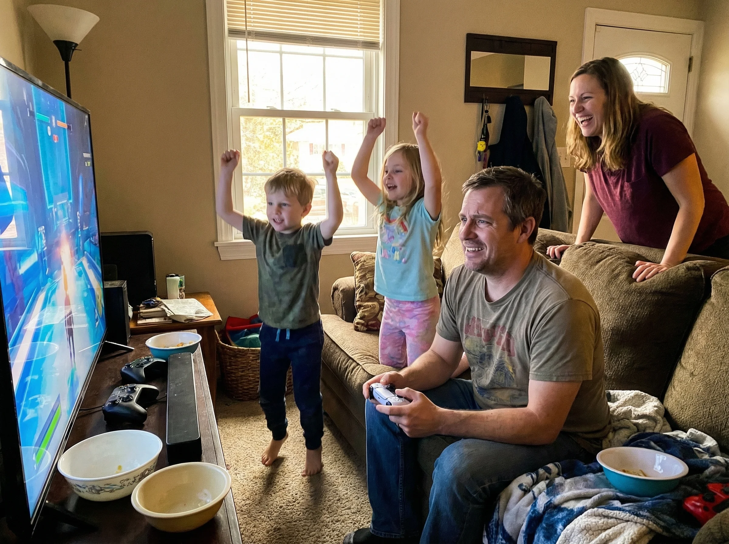 A family gathered around the TV, kids cheering while their dad holds a controller with a confused but happy expression, every