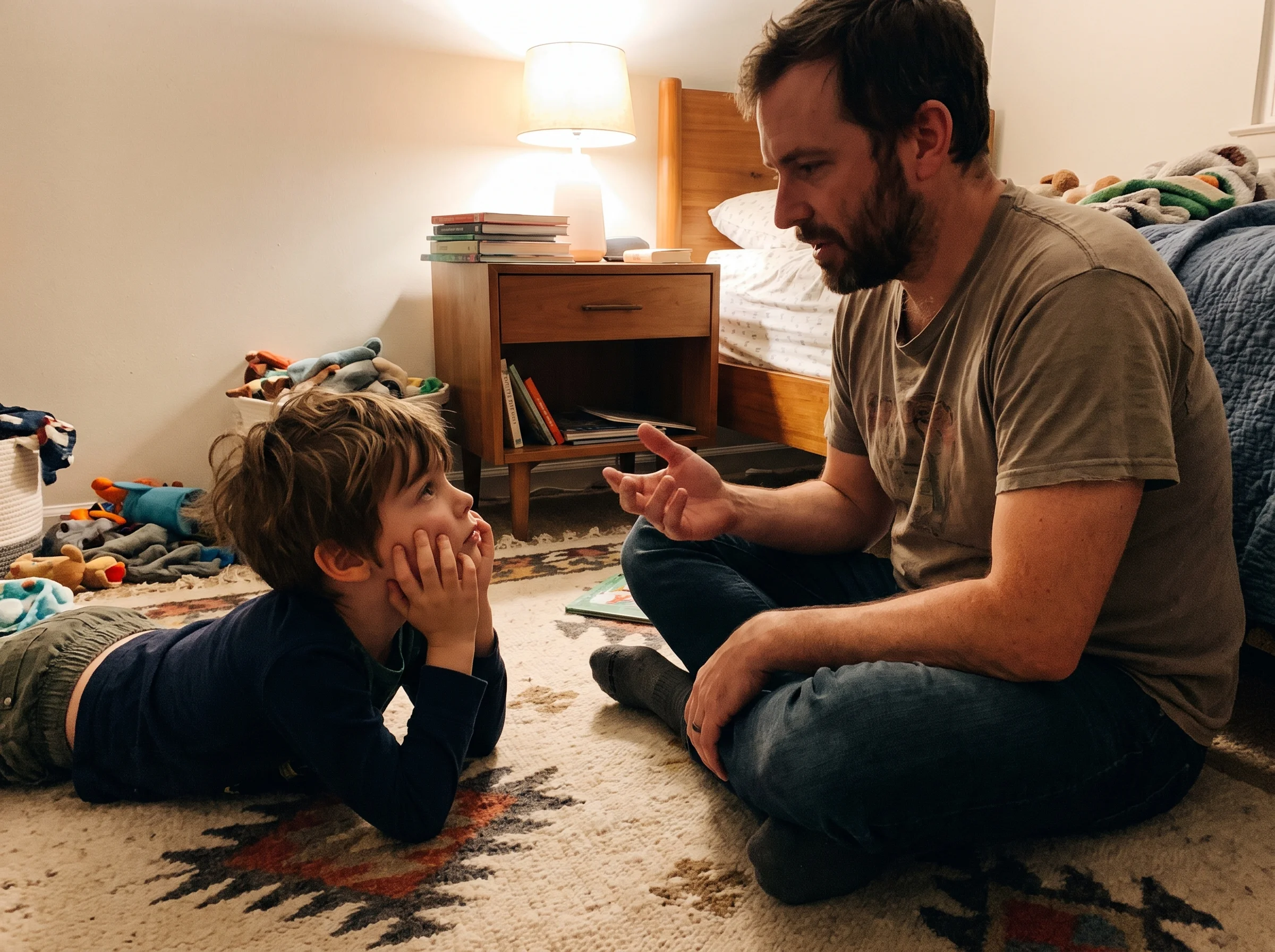 A kid lying on his stomach on a bedroom rug, chin in hands, listening intently to his dad sitting cross-legged across from hi