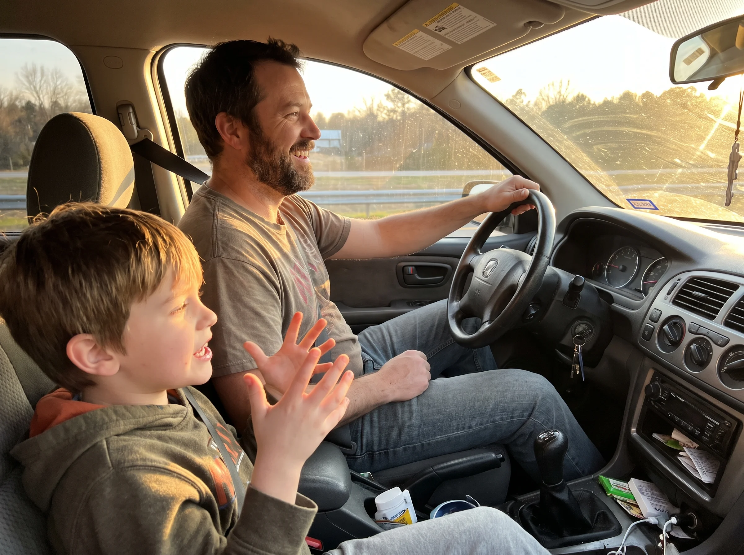 Dad and son sitting in the car at sunset, son talking animatedly with hands, dad smiling and listening from the driver's seat