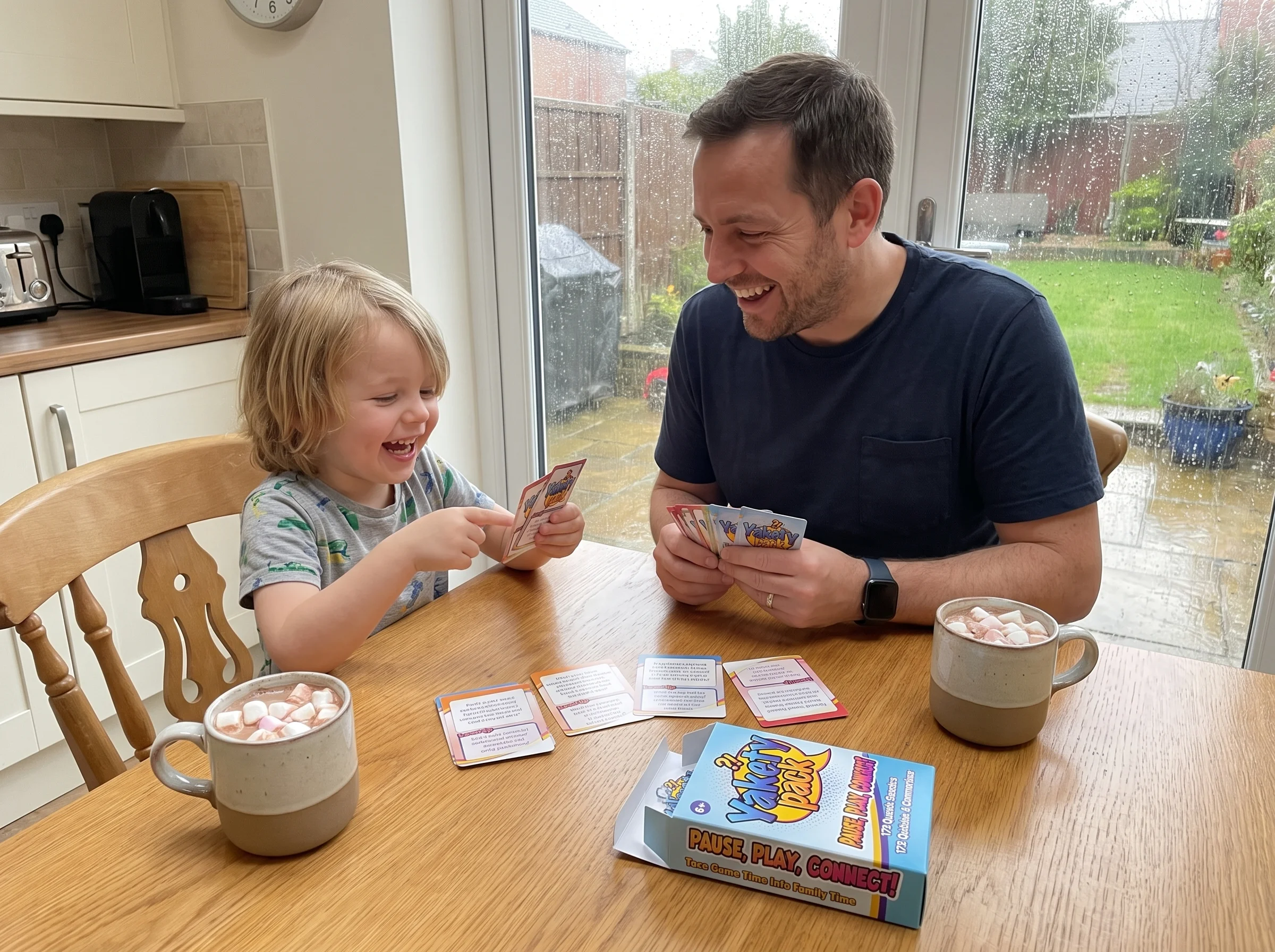 A father and child at a kitchen table on a rainy afternoon, playing a card game together with mugs of hot chocolate nearby, r