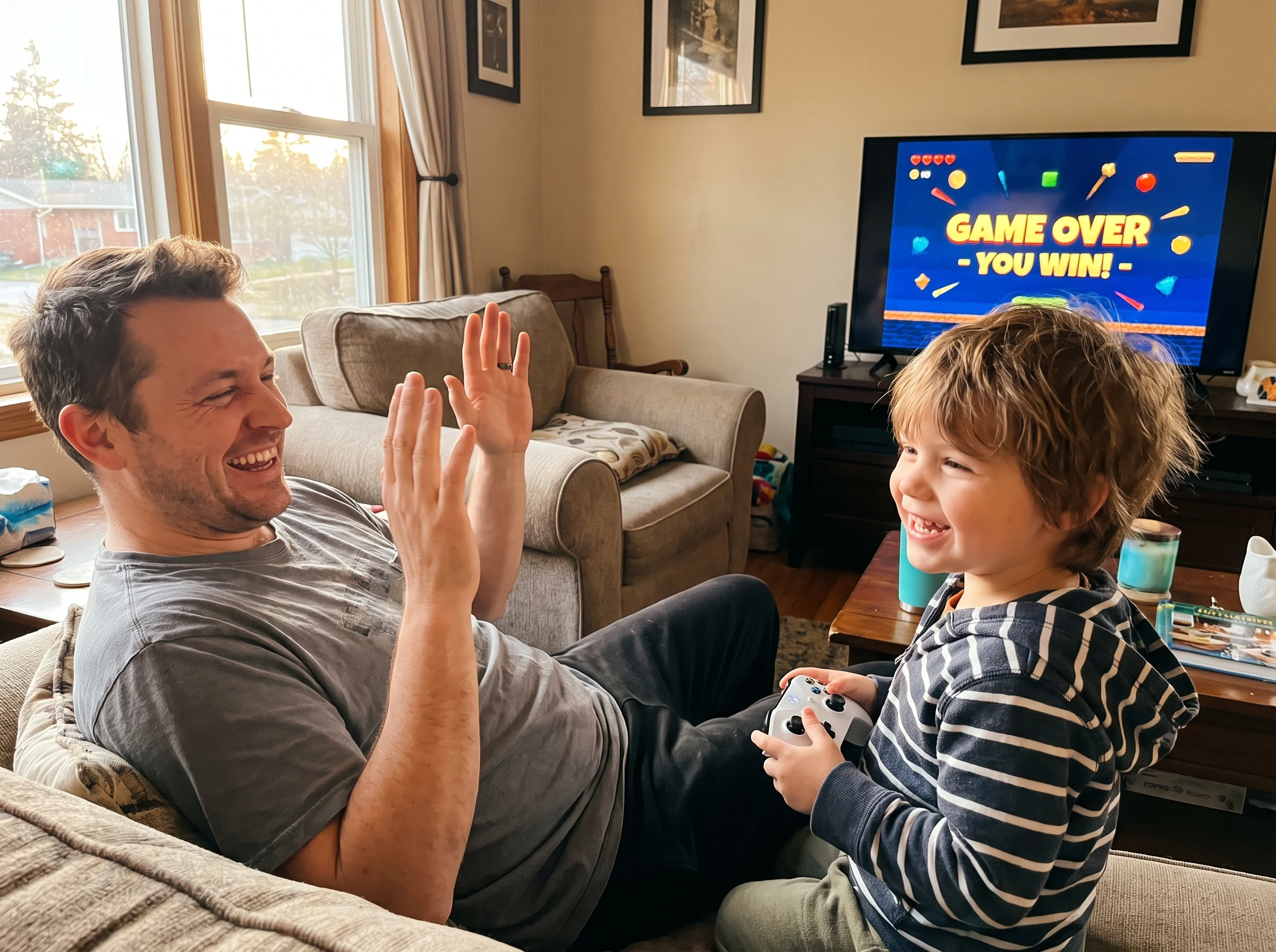 A dad laughing with his hands up in mock defeat while his kid grins at the TV screen, controller in hand, clearly celebrating