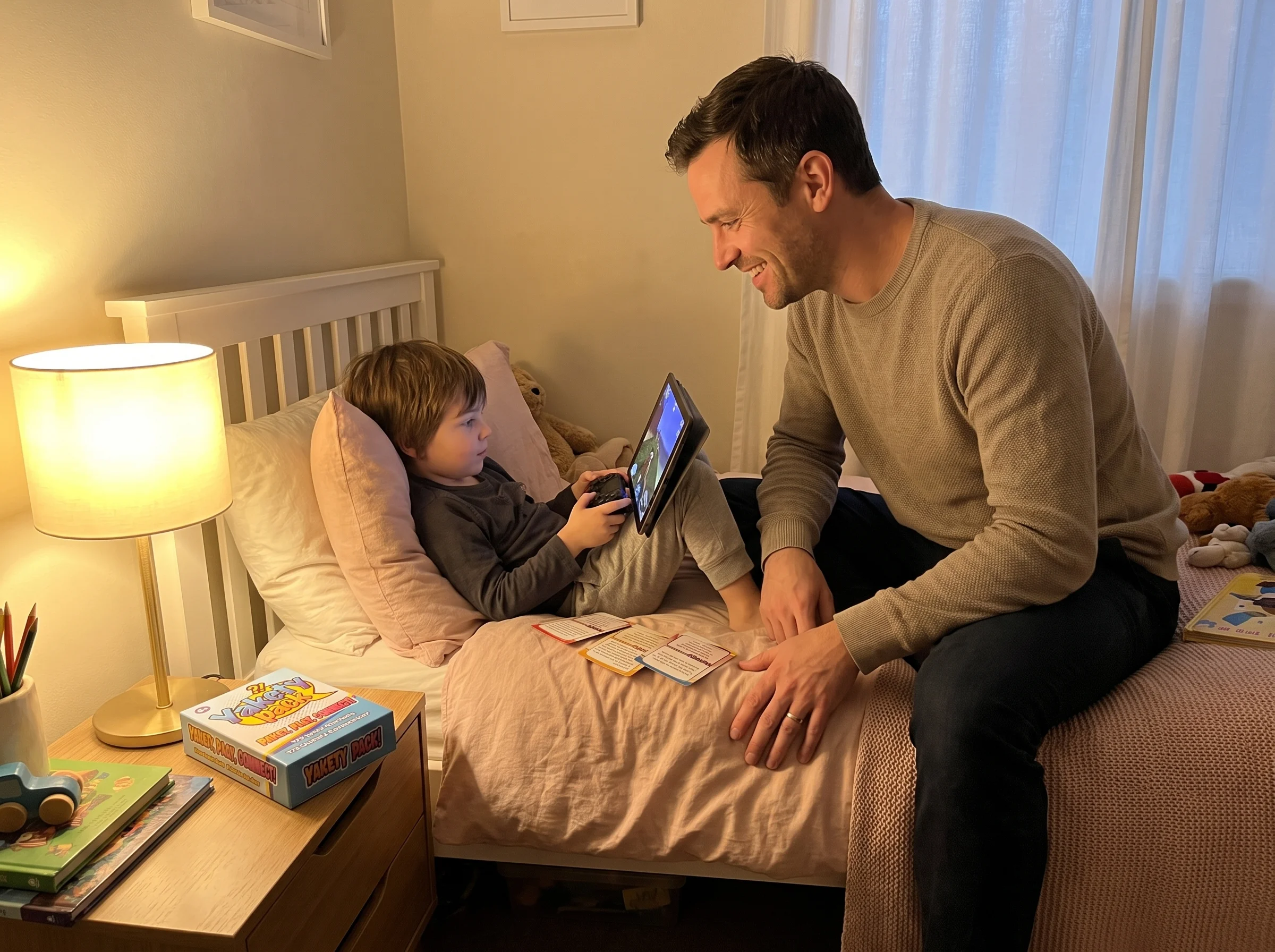A father sitting on the edge of his kid's bed watching them play a game on a screen, leaning in with genuine interest, not ho