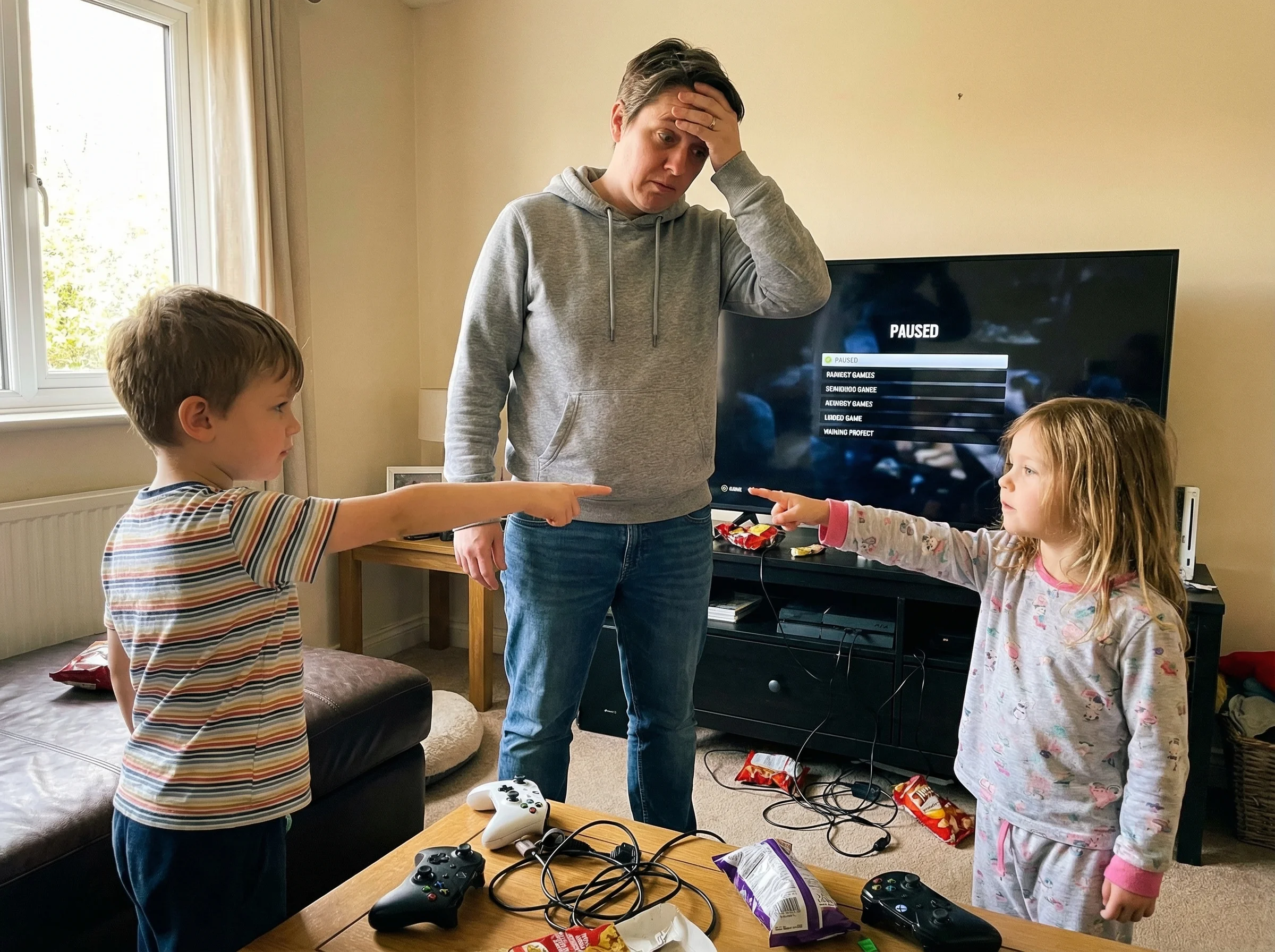 Parent standing between two kids who are pointing at each other near a gaming setup, frustrated expression on parent's face,