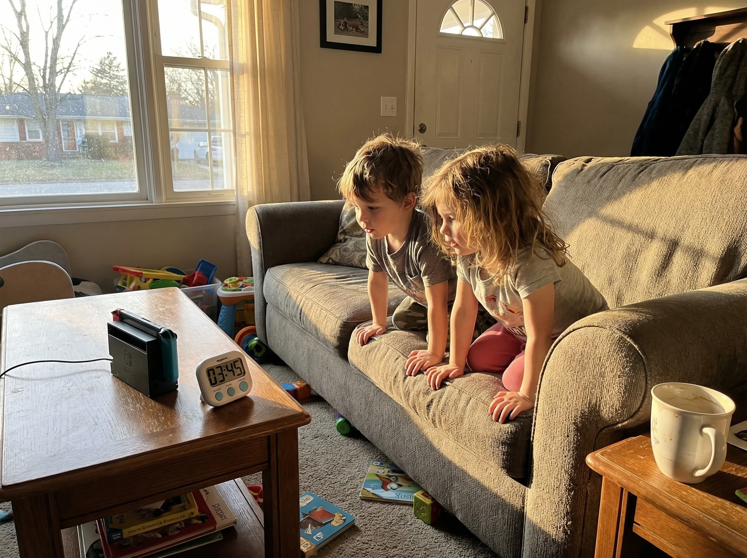 Kitchen timer sitting next to a Nintendo Switch, two young kids watching it intently from the couch, afternoon sunlight strea