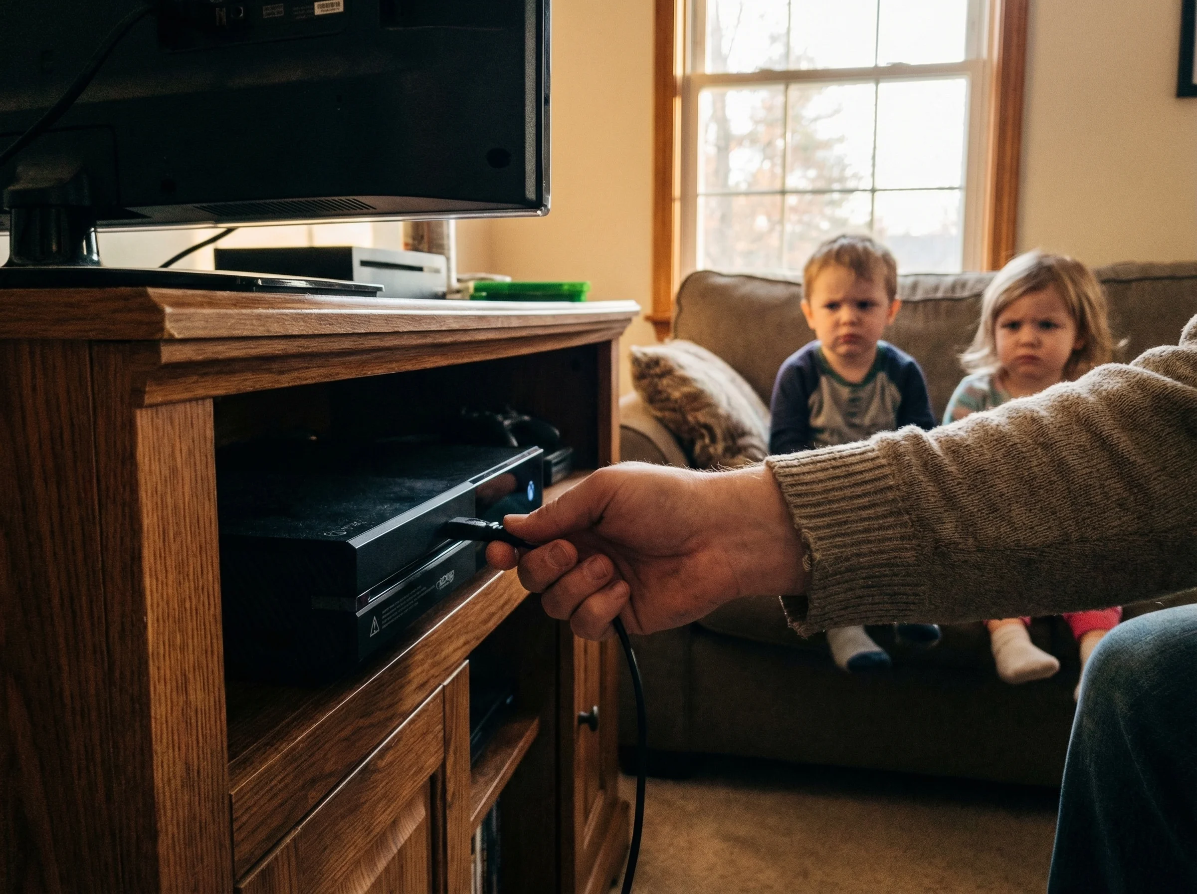 Gaming console being unplugged from TV, parent's hand on the power button, kids watching from background with serious express