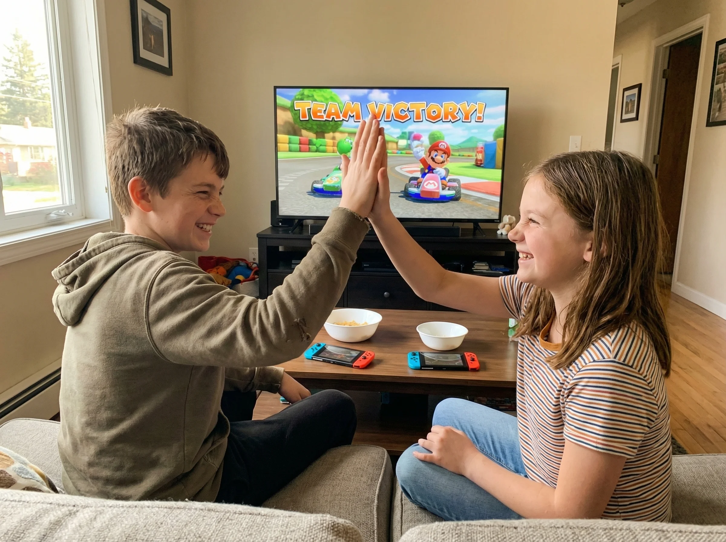 Two siblings playing Mario Kart together on the same team, high-fiving after a race, genuine smiles on their faces