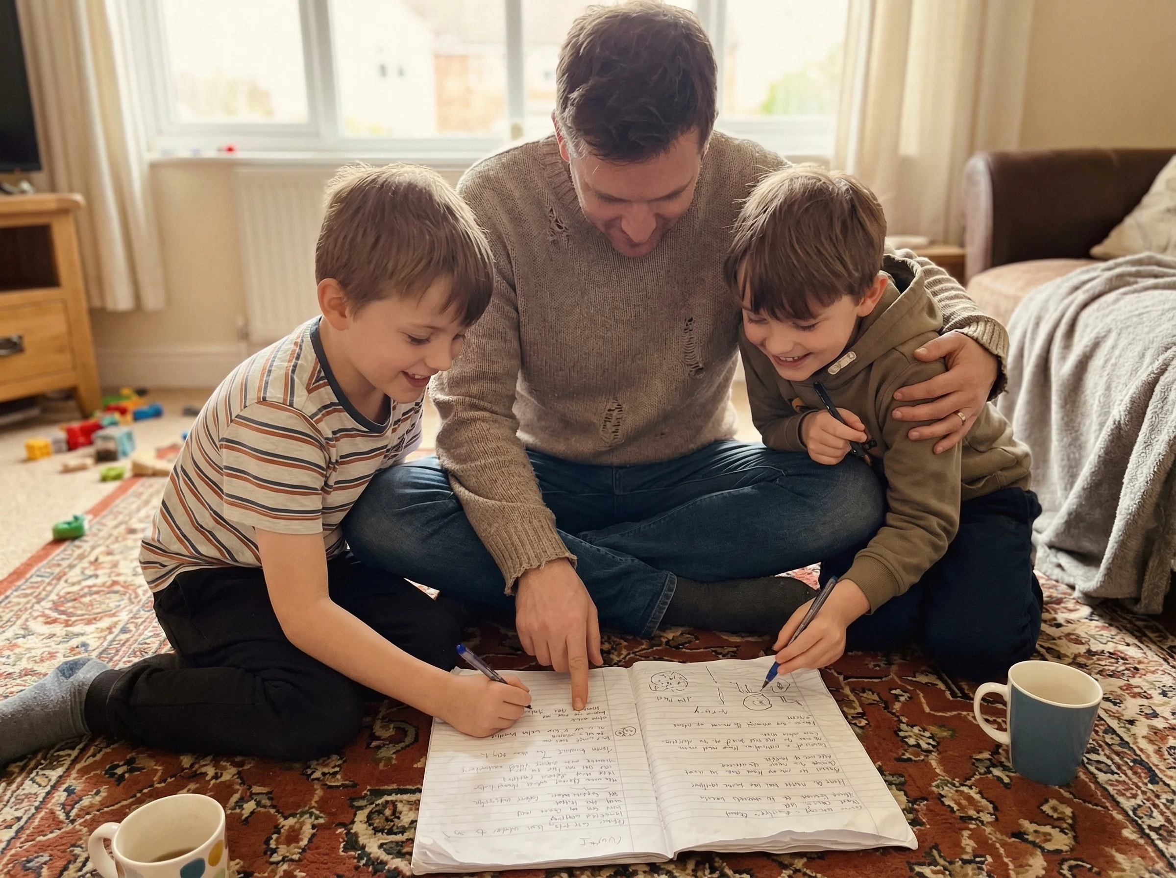 Parent sitting between two kids on the floor, all three looking at a piece of paper where they're writing gaming rules togeth