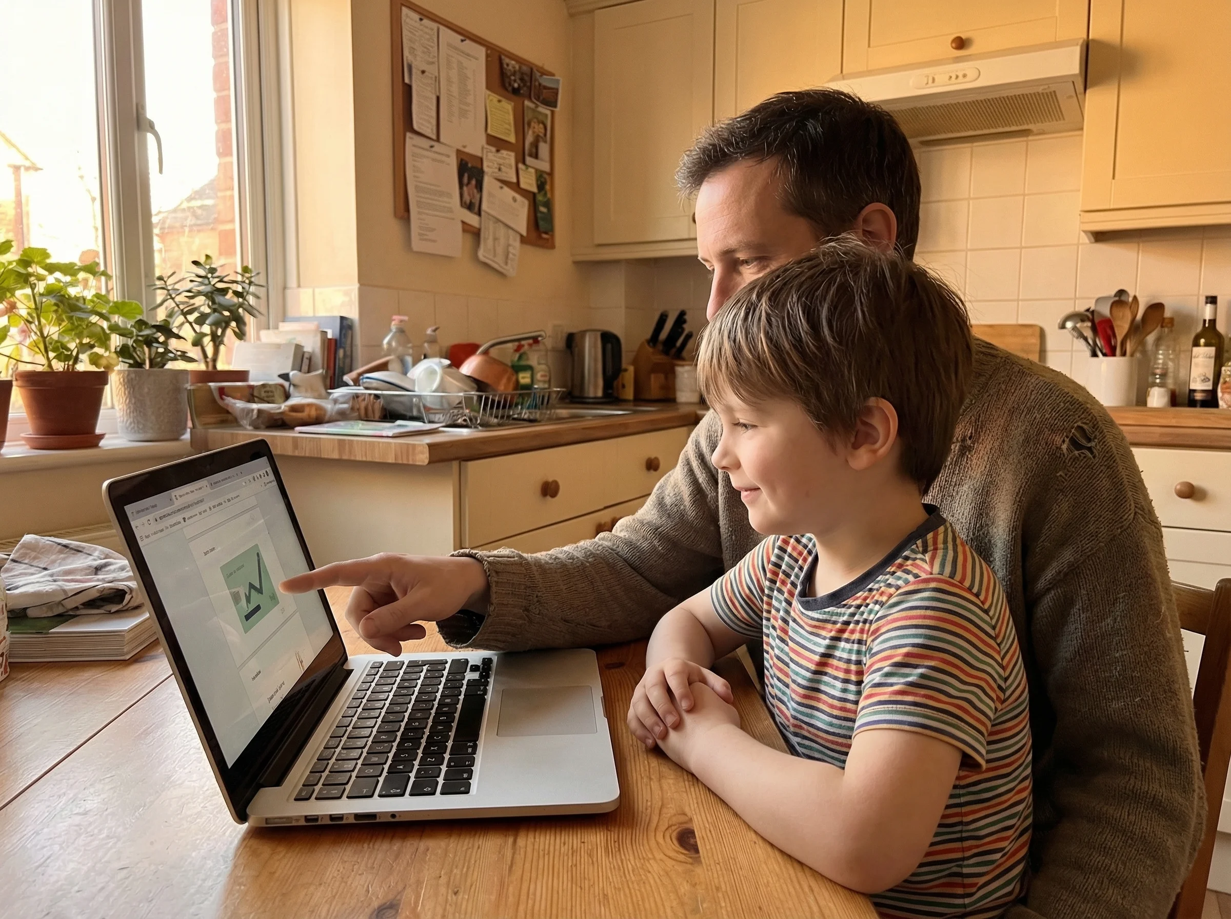 Parent and child looking at computer screen together, parent pointing at something on screen while child nods understanding,