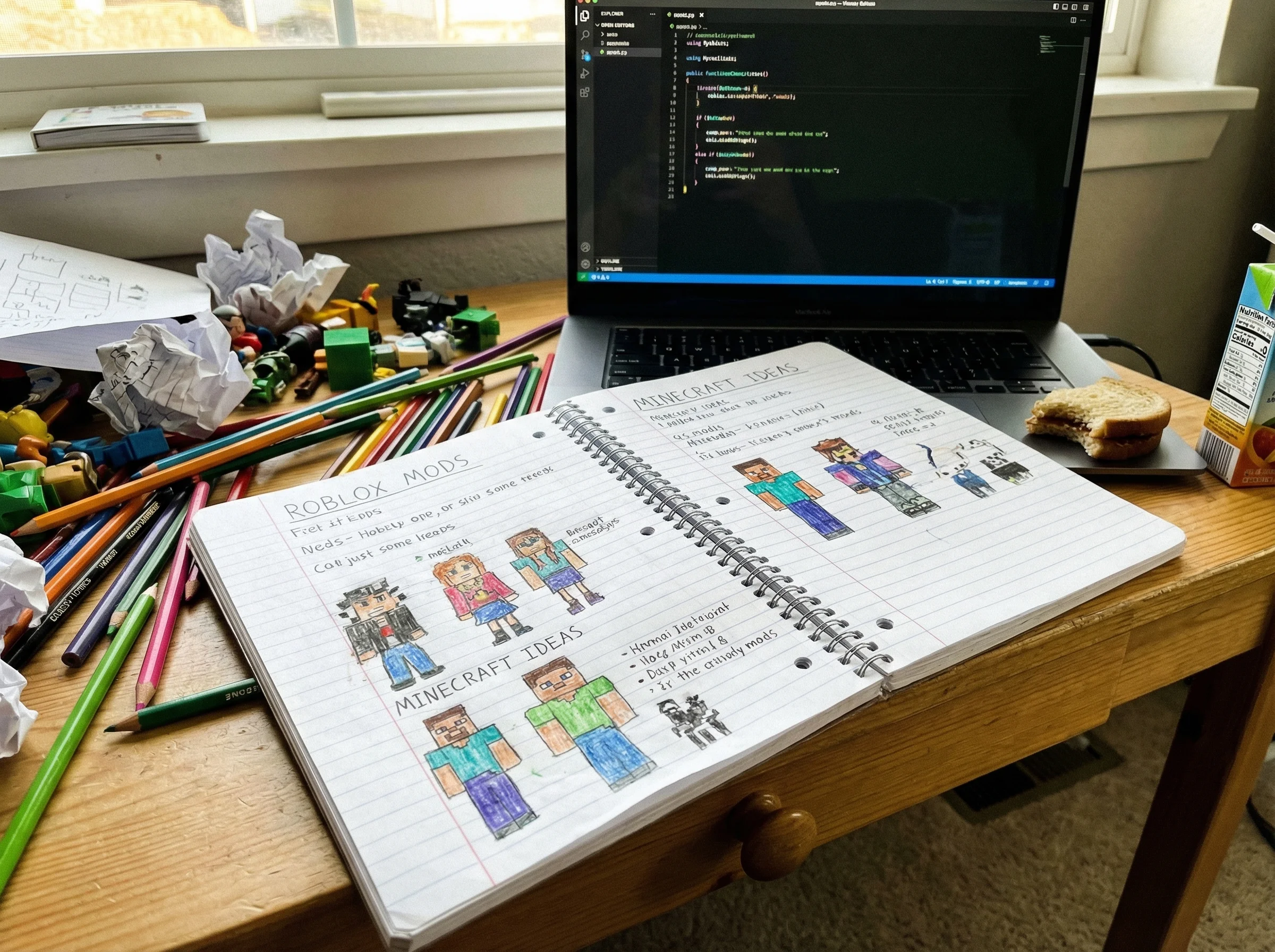 Child's messy desk with notebook full of game mod sketches and ideas, colored pencils scattered around, laptop showing simple