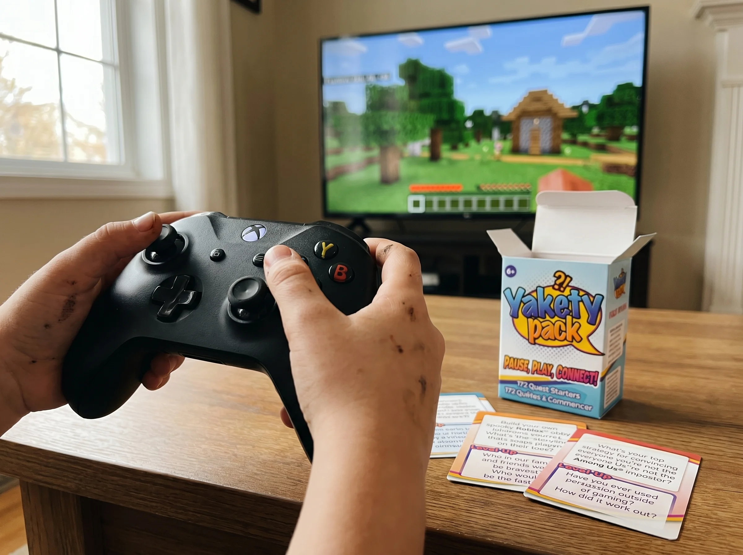 A close-up of a kid's hands on an Xbox controller, the TV screen blurred in the background showing a Minecraft world