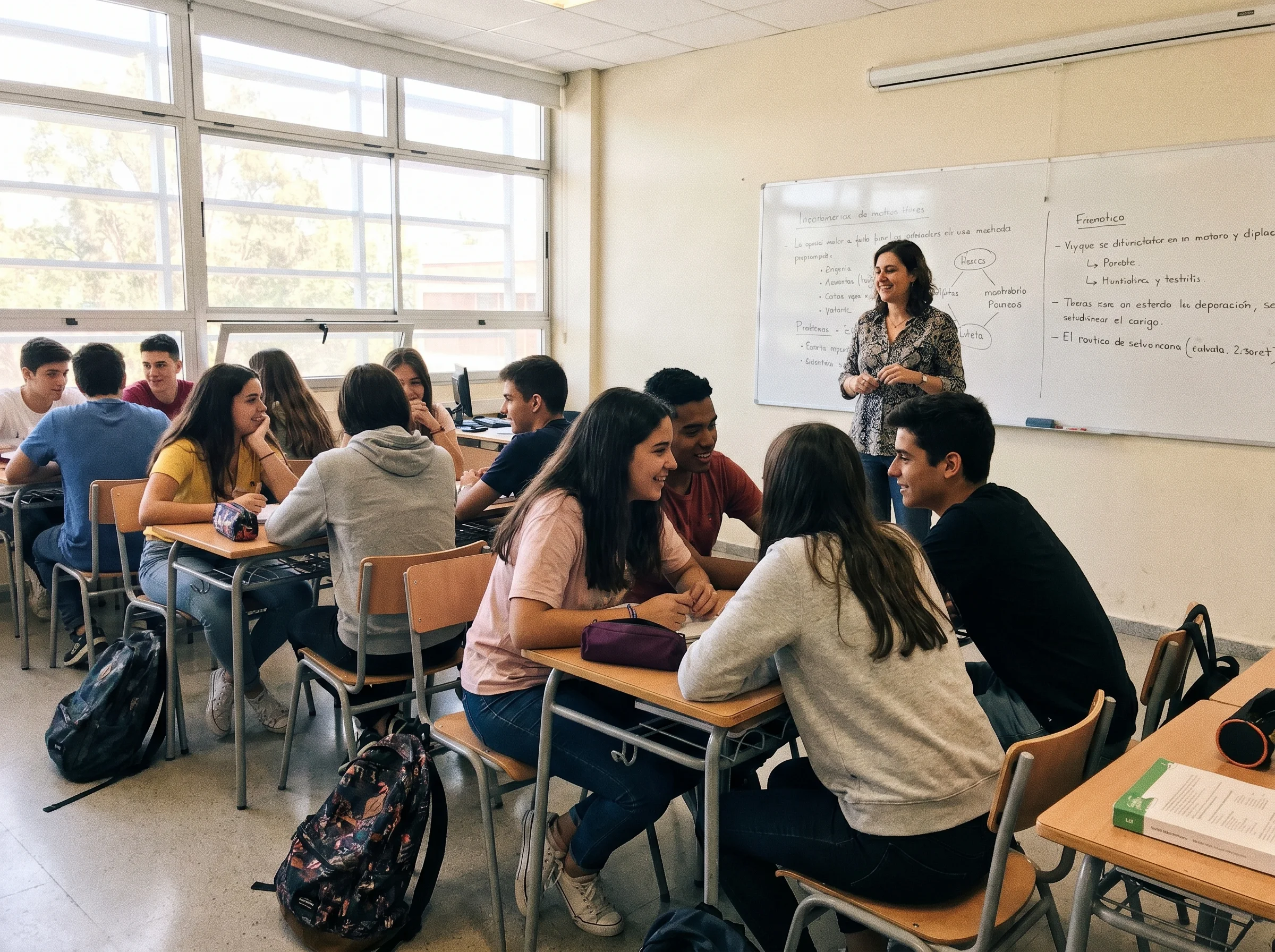 A teacher in a bright classroom standing next to a whiteboard while students lean toward each other in pairs, mid-conversatio
