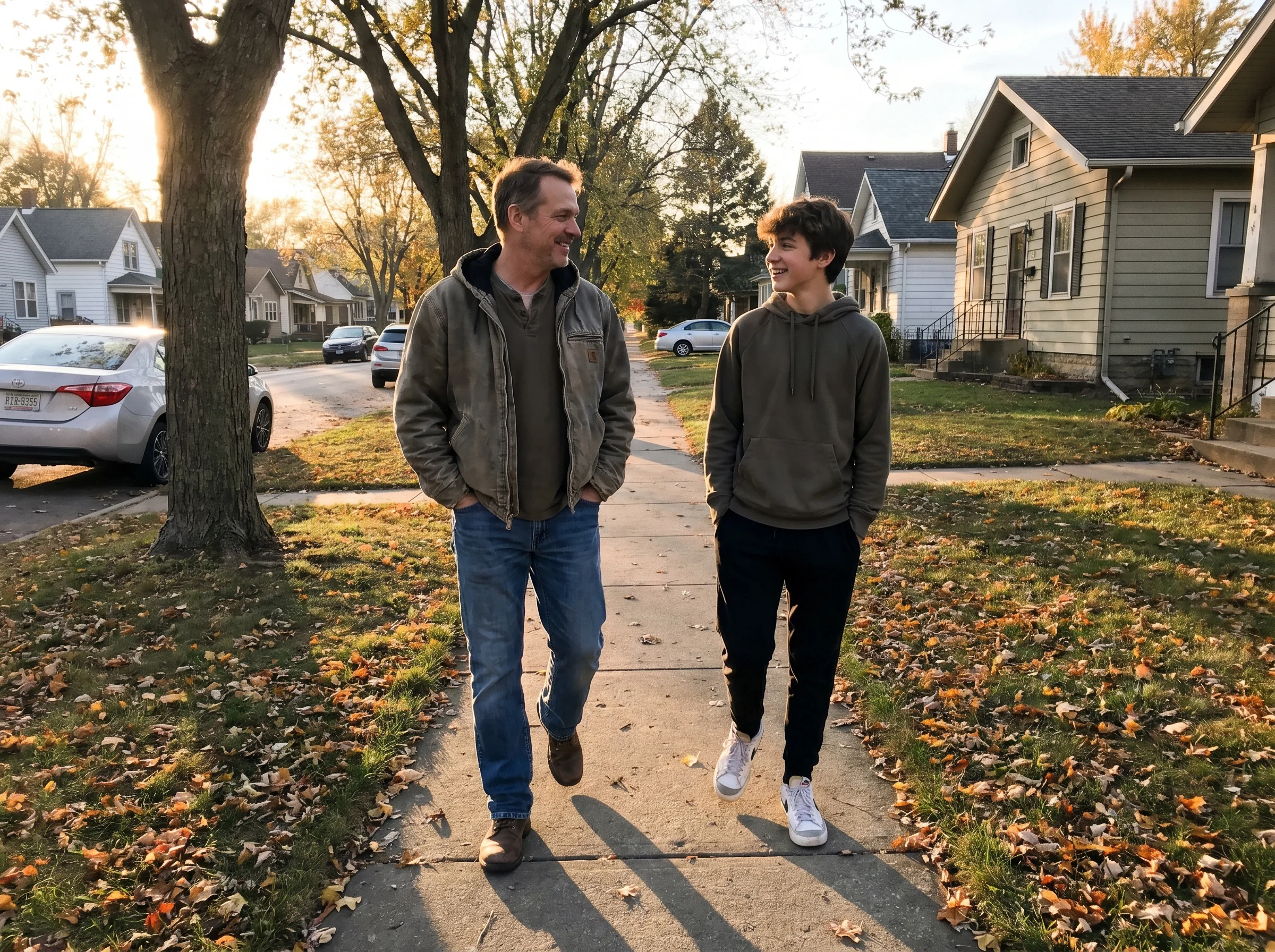 A dad and his teenage son walking side by side on a quiet suburban sidewalk in the late afternoon, both with hands in pockets