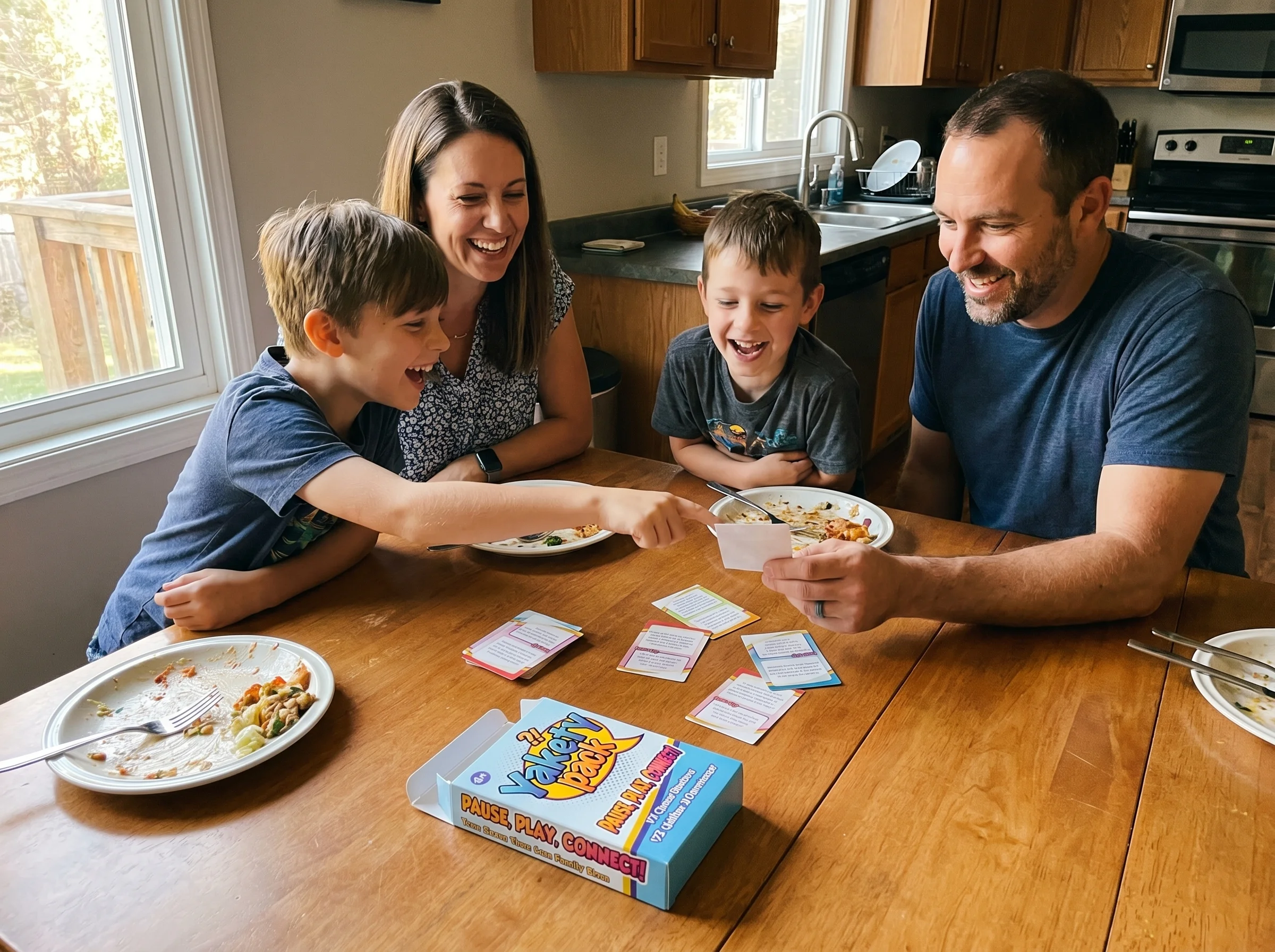 A family at a kitchen table with a deck of Yakety Pack conversation cards spread out, kids leaning in mid-laugh, dinner plate