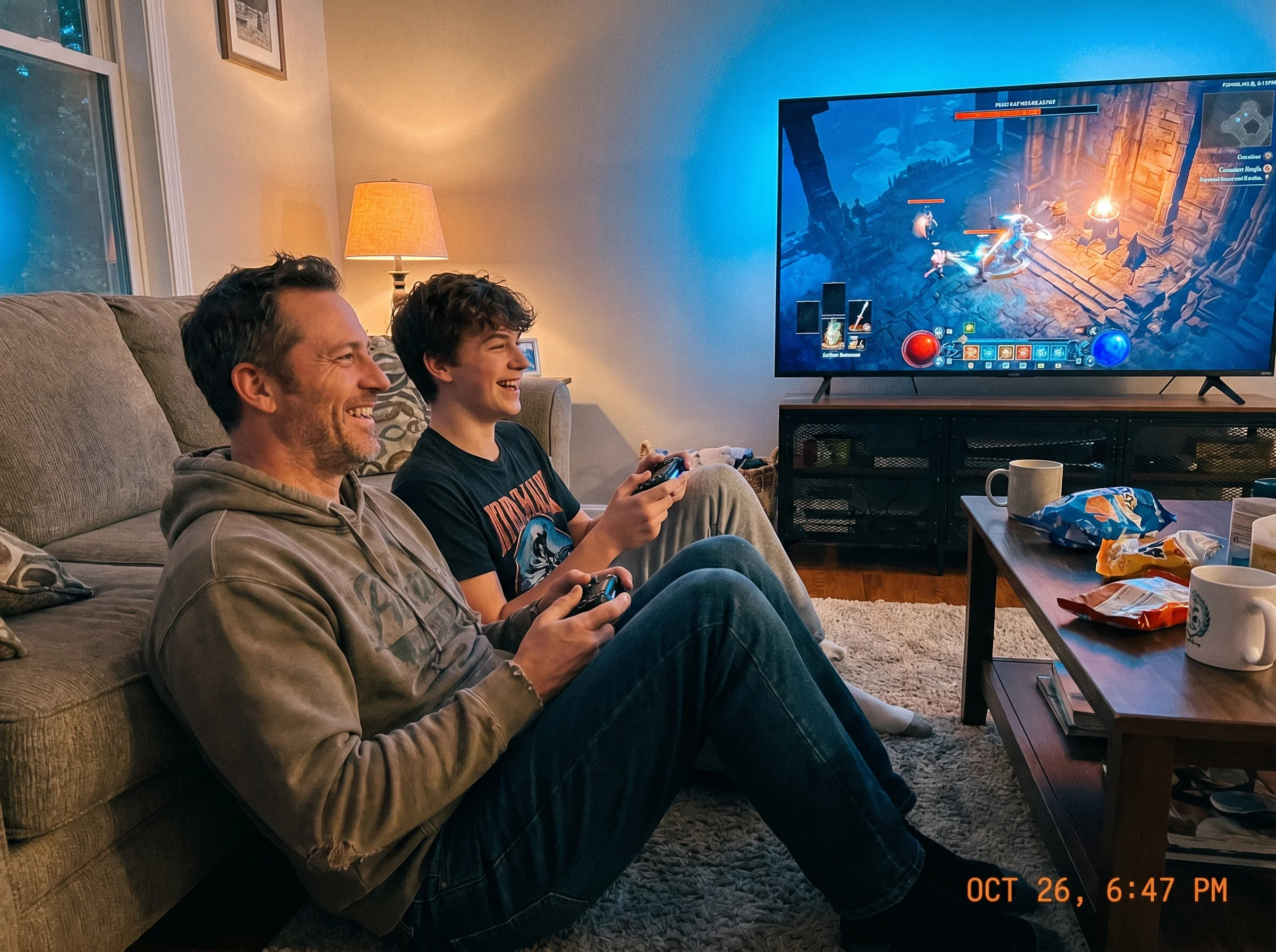 A dad and teenage son sitting on the floor in front of a TV, two controllers in hand, mid-game with relaxed body language and