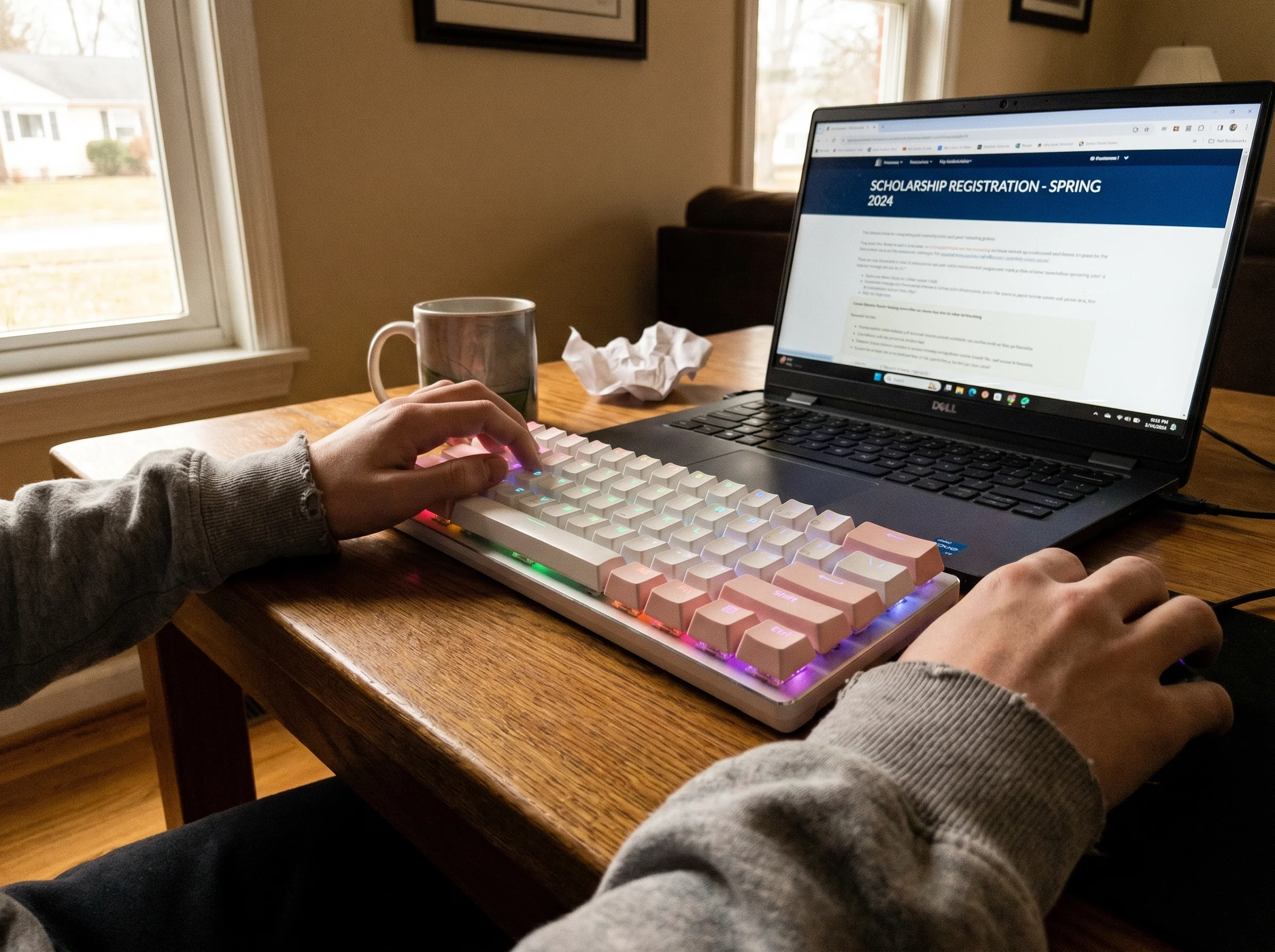 Close-up of a teenager's hands on a gaming keyboard, RGB lights glowing softly, a laptop open beside the setup showing a scho