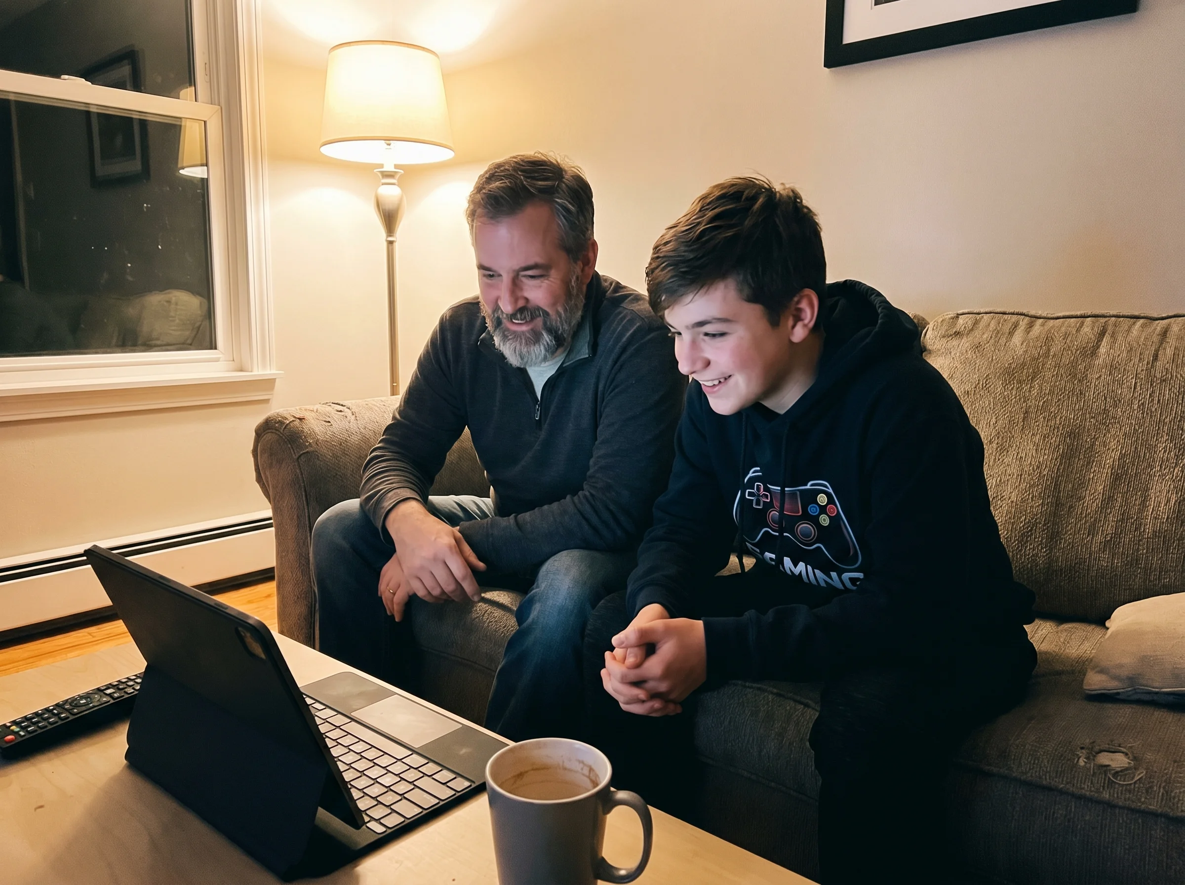 A father and teenage son sitting side by side on a couch, both looking at the same laptop screen, son in a gaming hoodie, cas