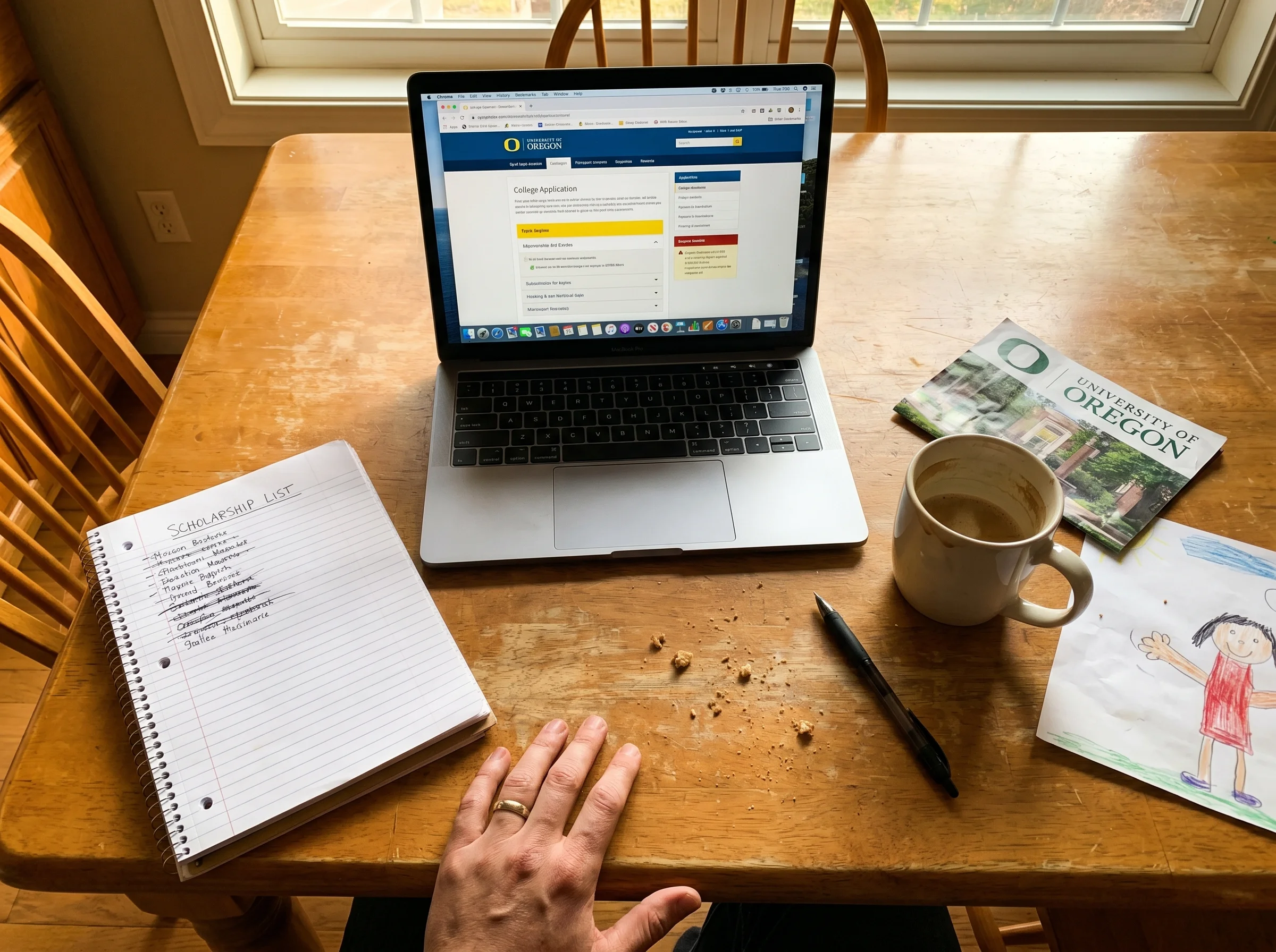 Overhead shot of a kitchen table with a laptop, notebook with handwritten scholarship list, coffee mug, and a college brochur