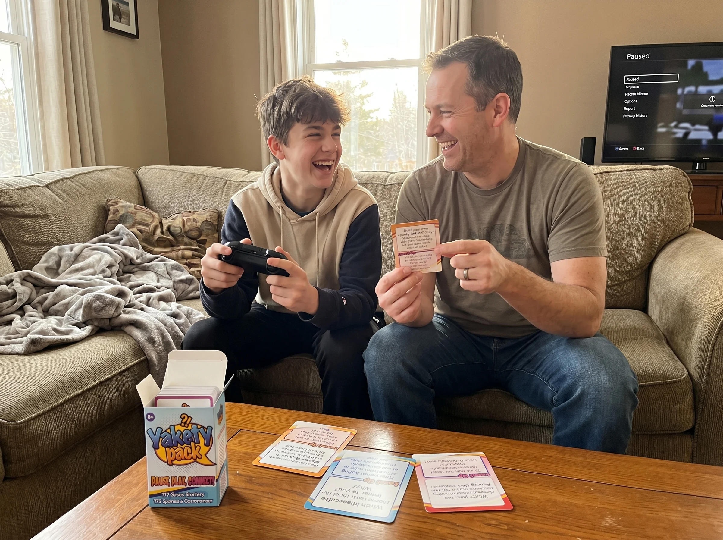 A dad and teenage son laughing together on a couch, controller in son's hand mid-pause, casual moment of connection, warm liv