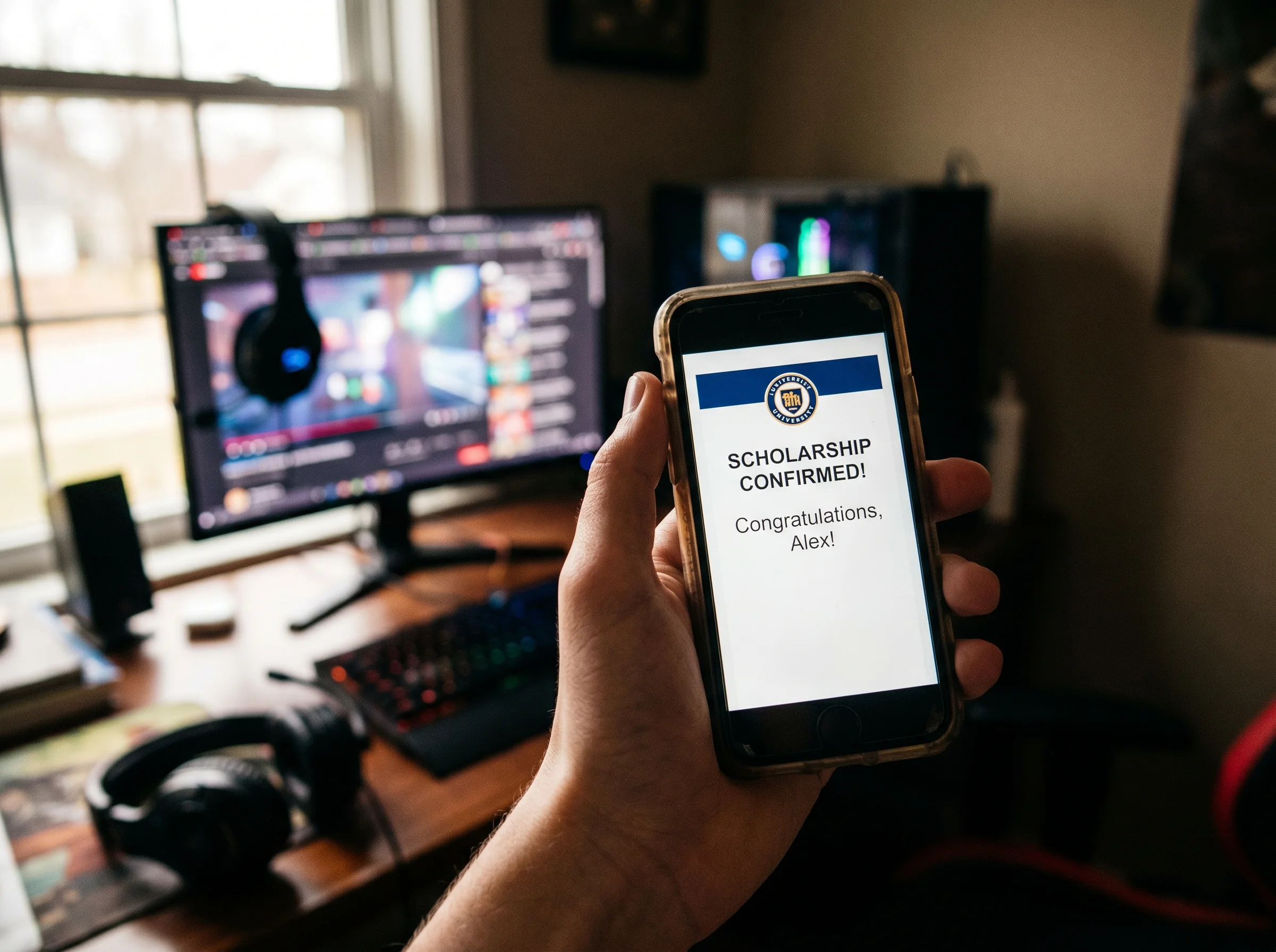A teenager's hand holding a phone showing a scholarship confirmation screen, gaming setup blurred in the background