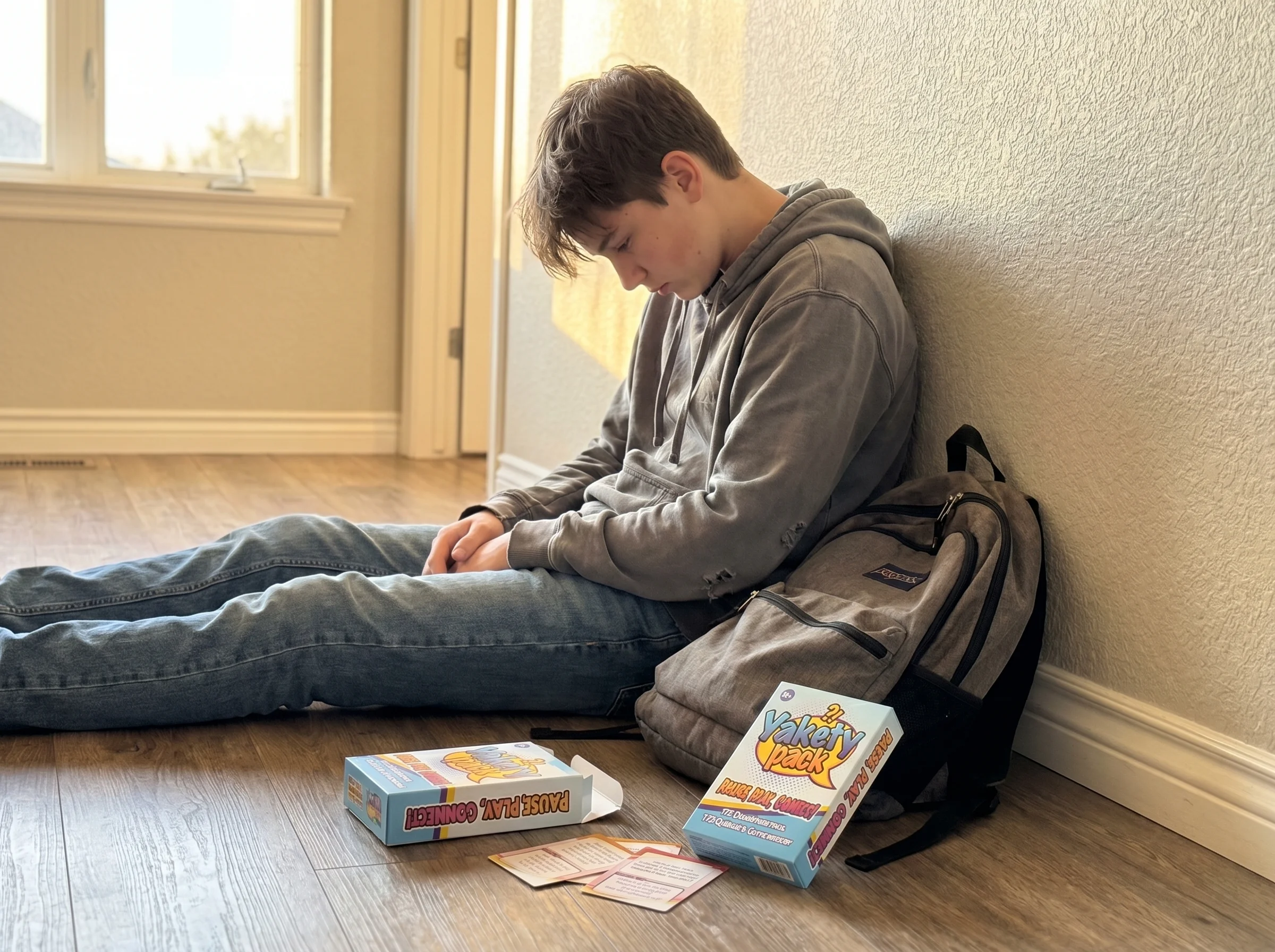 A teenage boy slumped against the wall in a hallway, backpack on the floor, shoulders hunched, candid moment after school