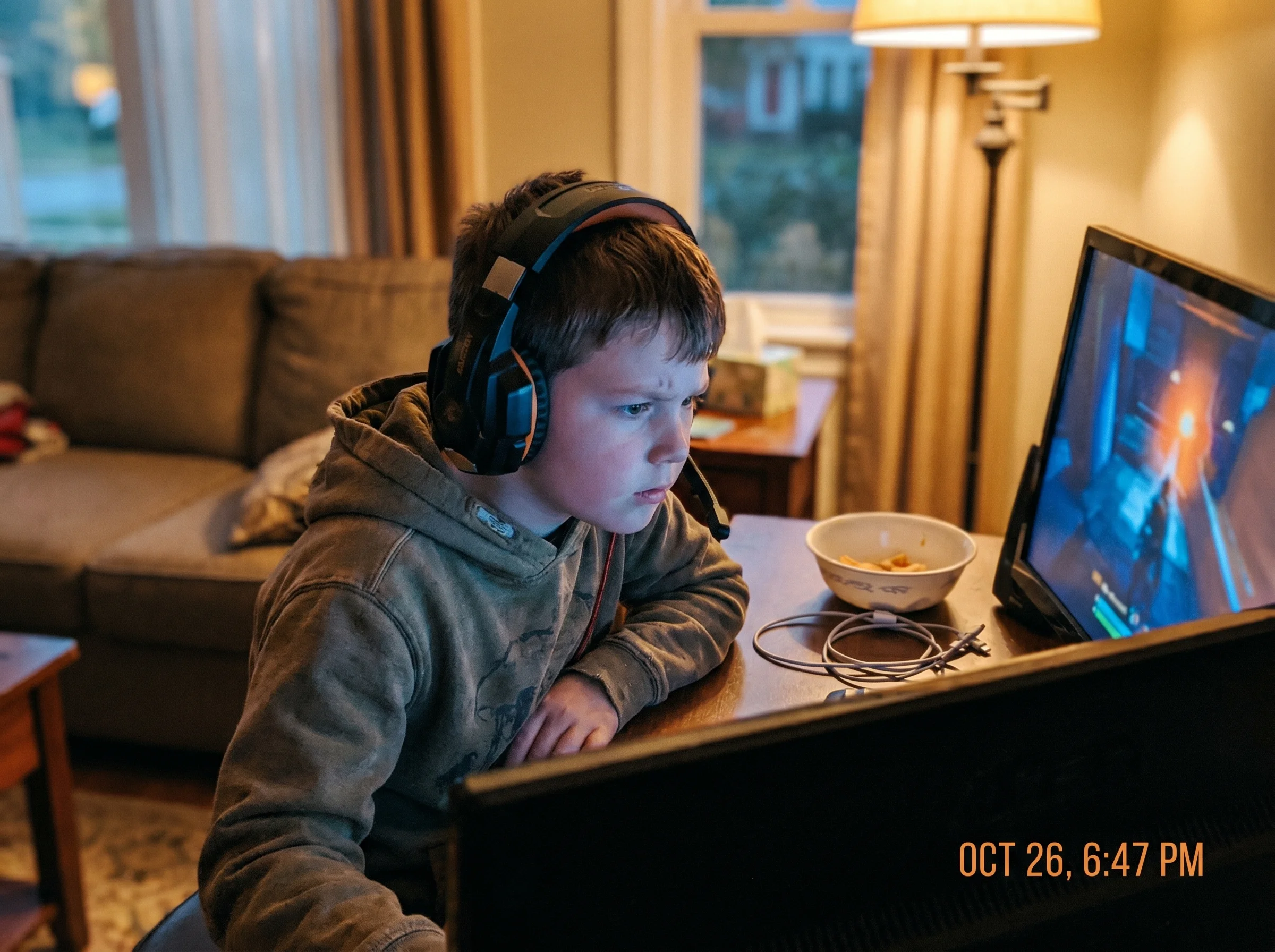 A kid intensely focused on a gaming screen, headset on, face lit by the monitor glow, expression locked in concentration