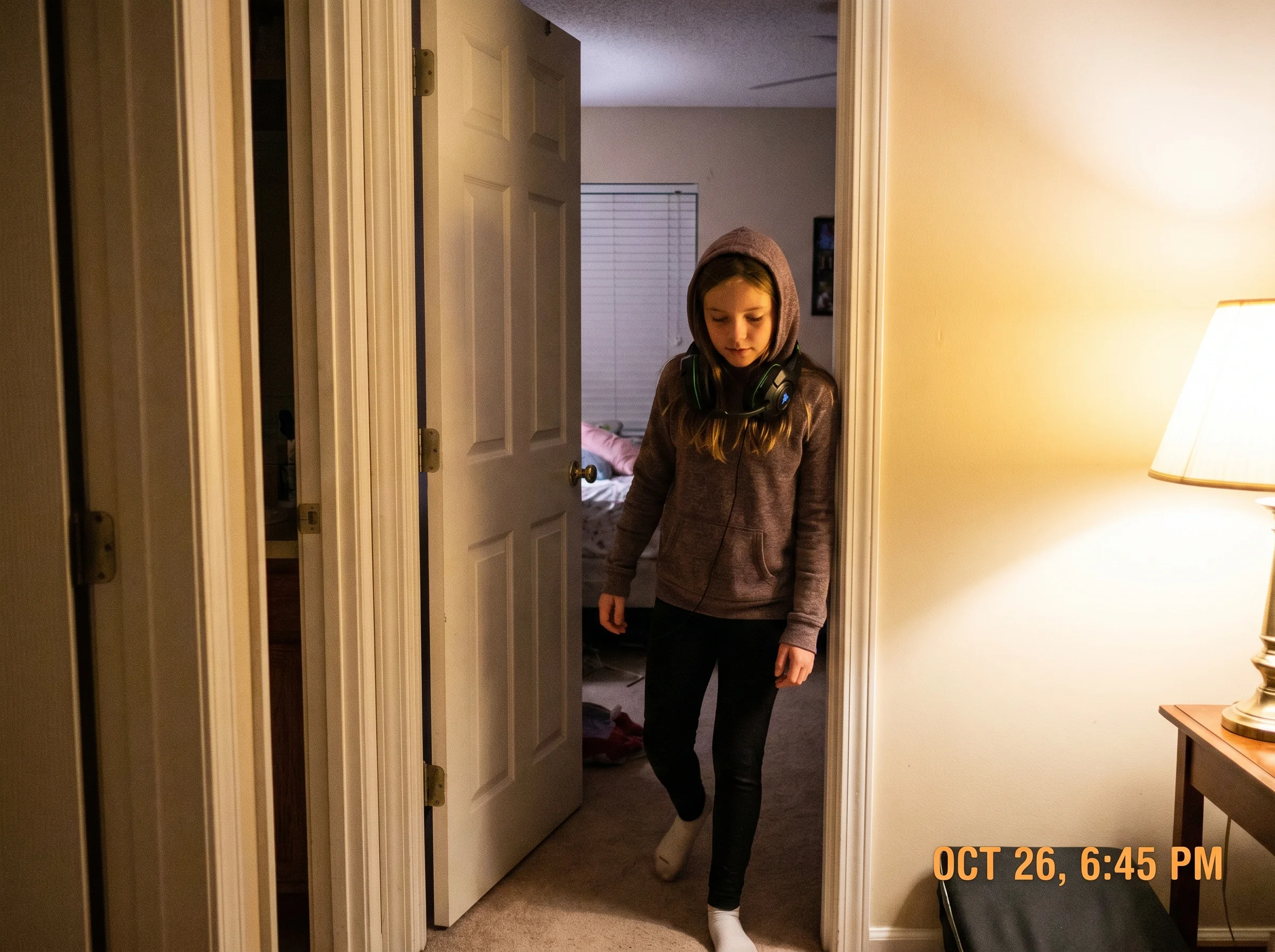 A young girl walking out of a bedroom carefully, looking down, headset hanging around her neck, hallway light catching her fa