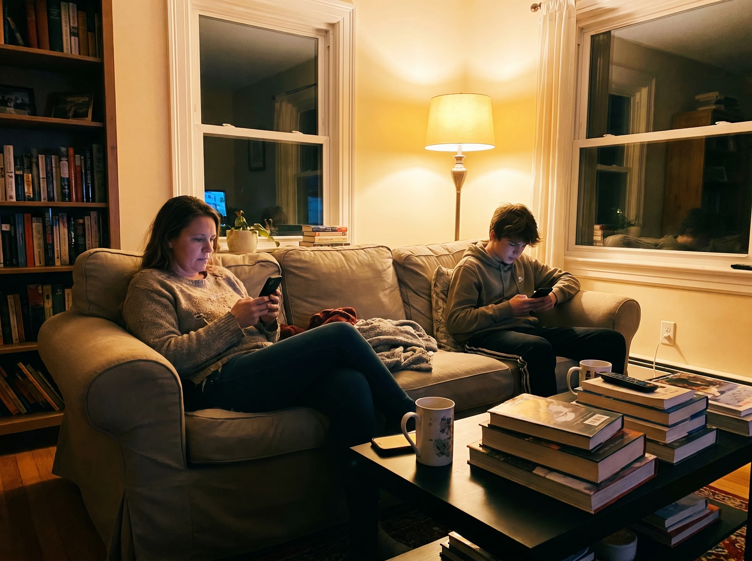 A parent and teen sitting on opposite ends of a couch, both looking at their phones, soft living room light, quiet evening mo