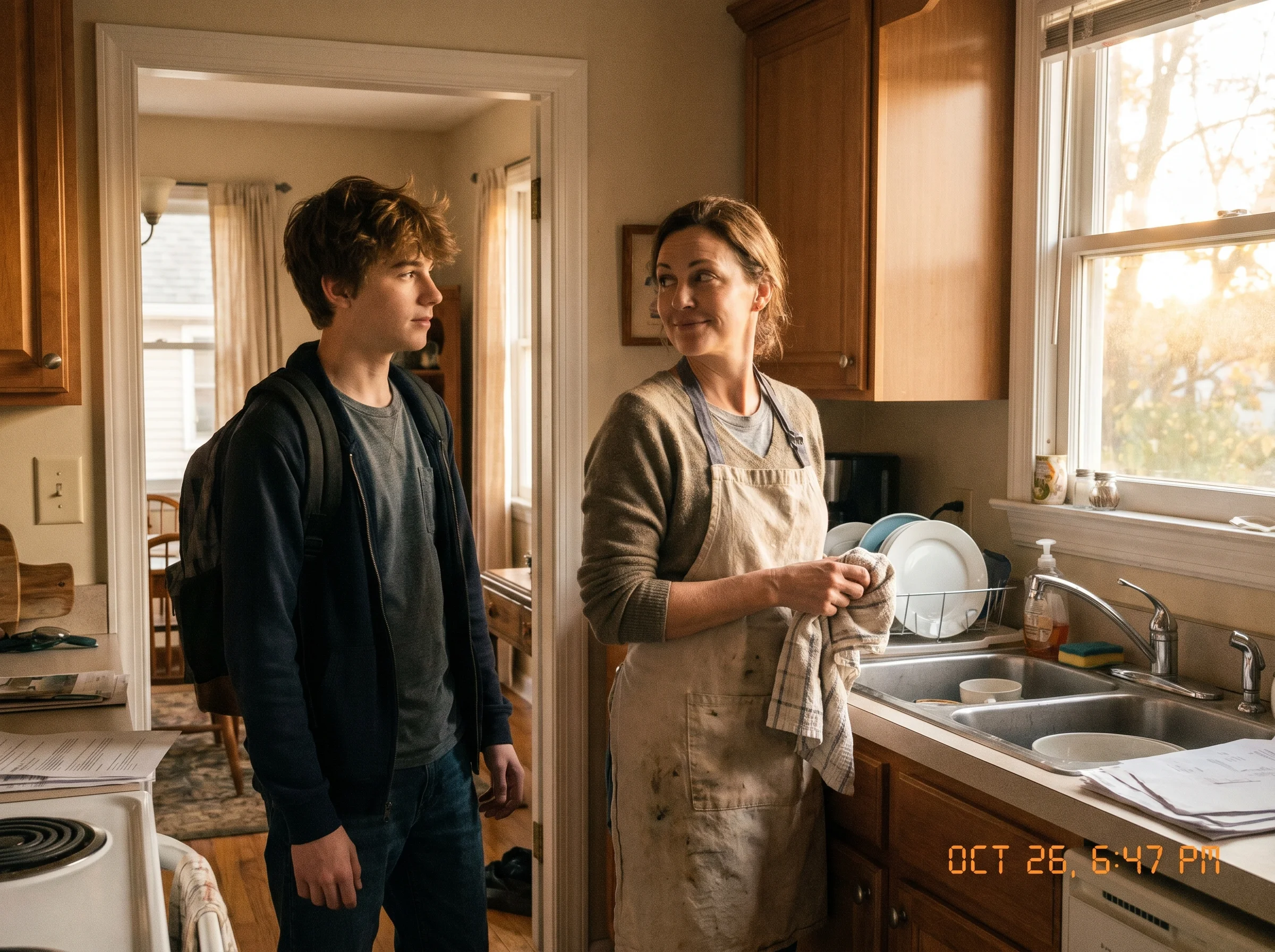 A mom in the kitchen glancing toward her son who's just walked in from his room, warm evening light, a moment of quiet observ