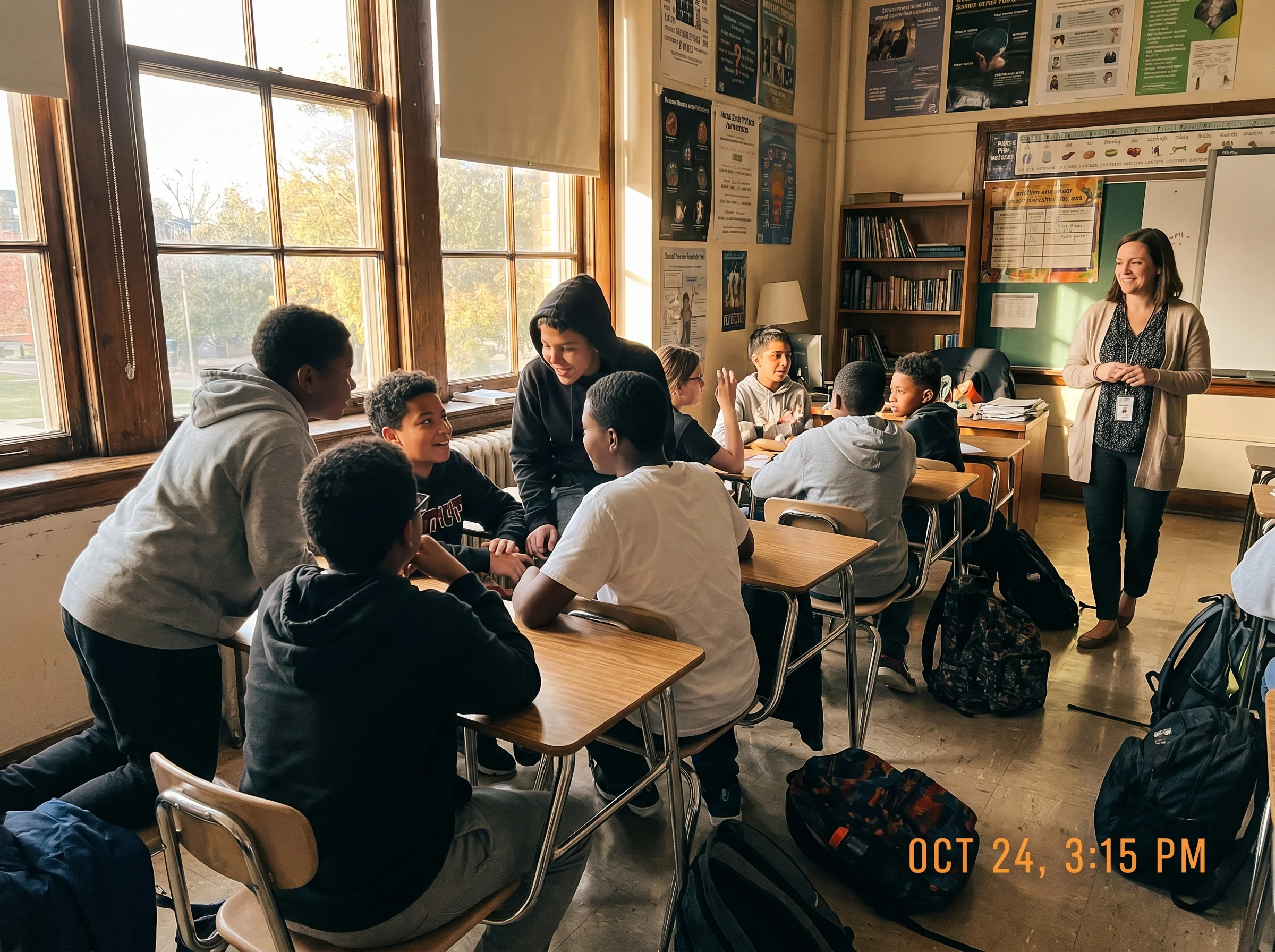 A middle school classroom with students leaning forward at their desks talking in small groups, teacher standing off to the s