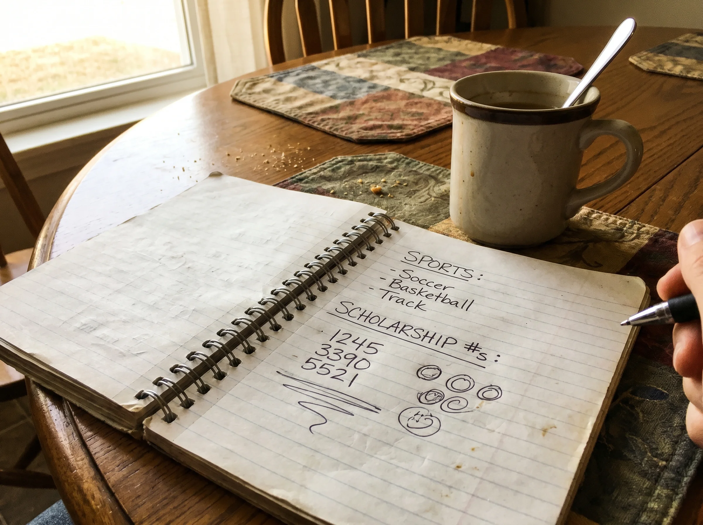 Close-up of a notebook on a kitchen table with handwritten lists of sports and scholarship numbers, a coffee mug nearby, soft