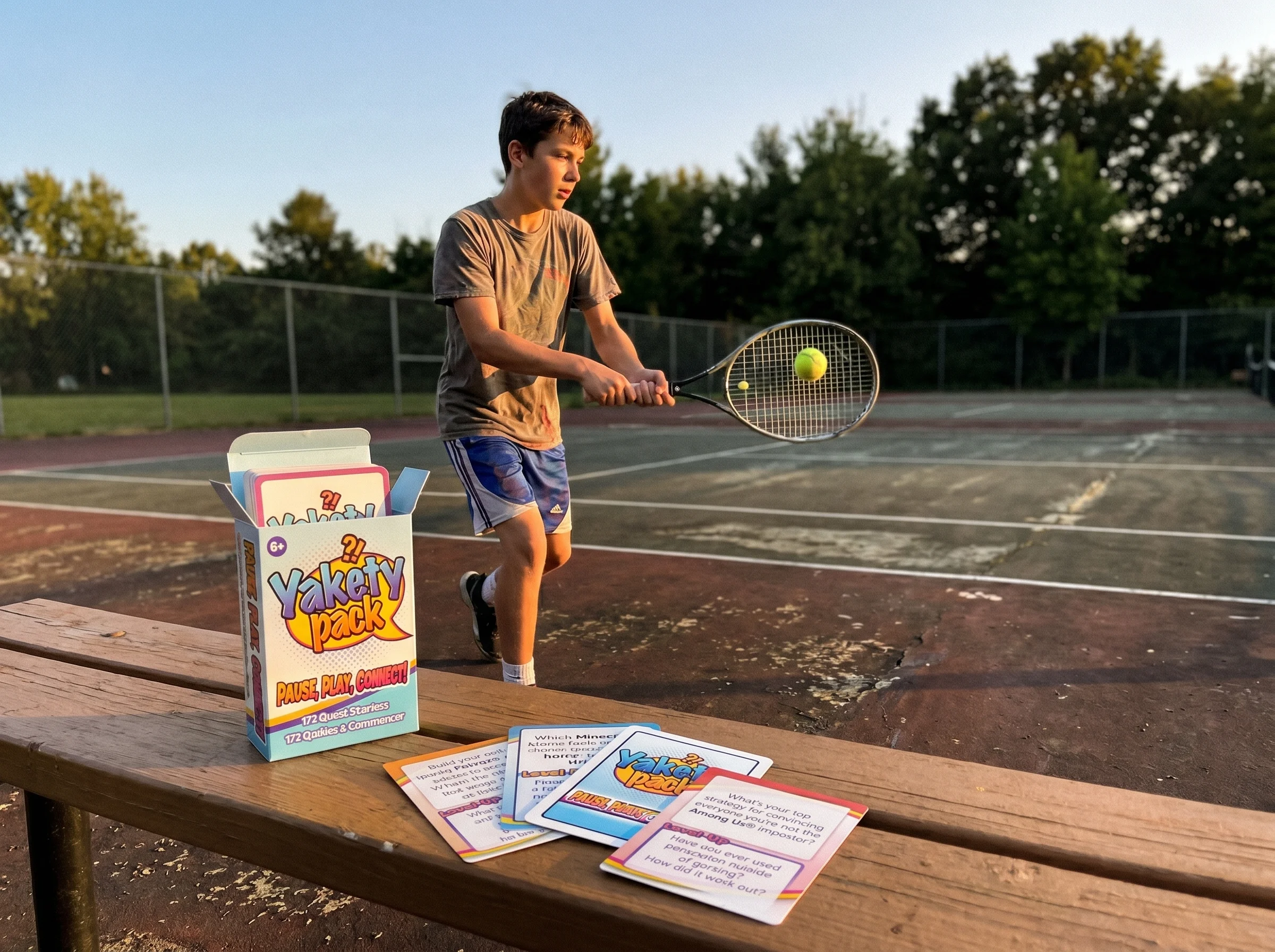 A teen tennis player practicing alone on an empty court at dusk, focused expression, racket mid-swing, slightly grainy candid