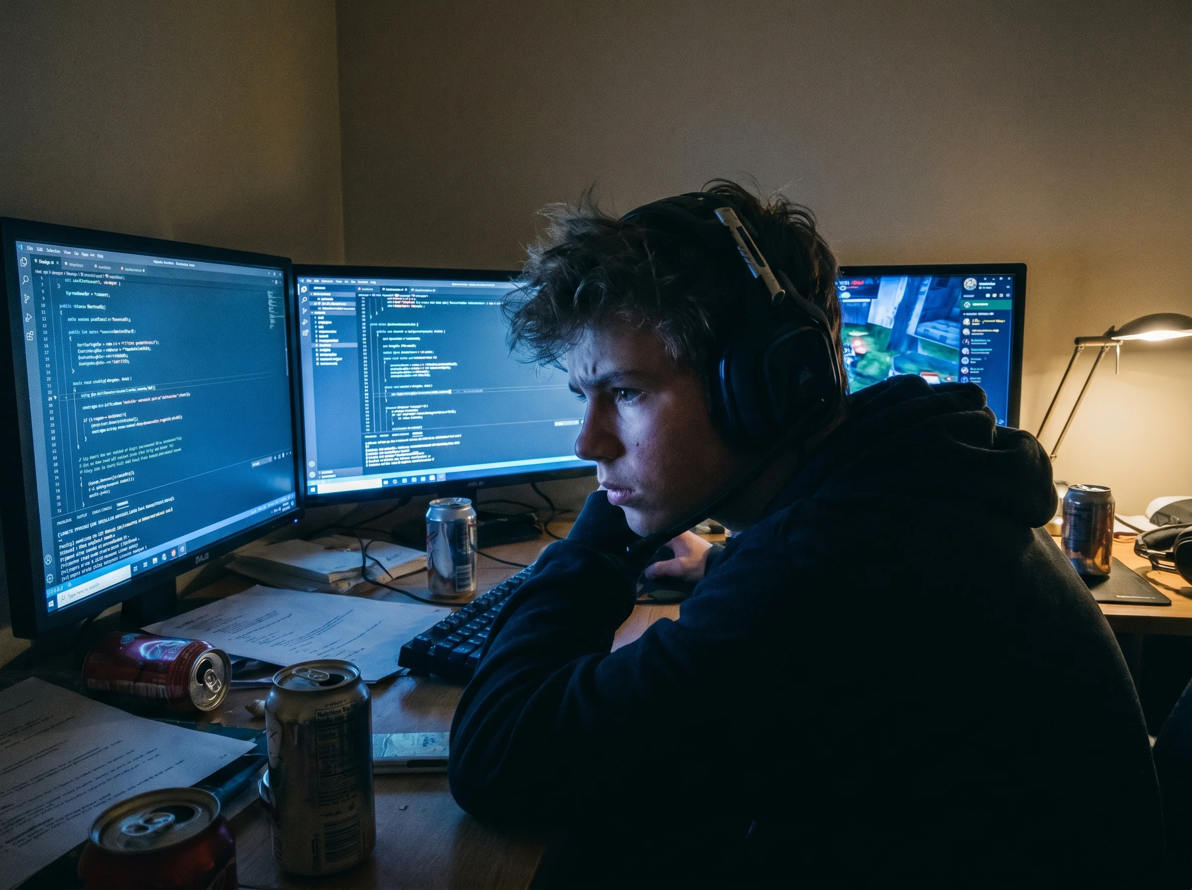 A teenager wearing a headset at a desk with multiple monitors glowing blue, intense focus on his face, room dim except for sc